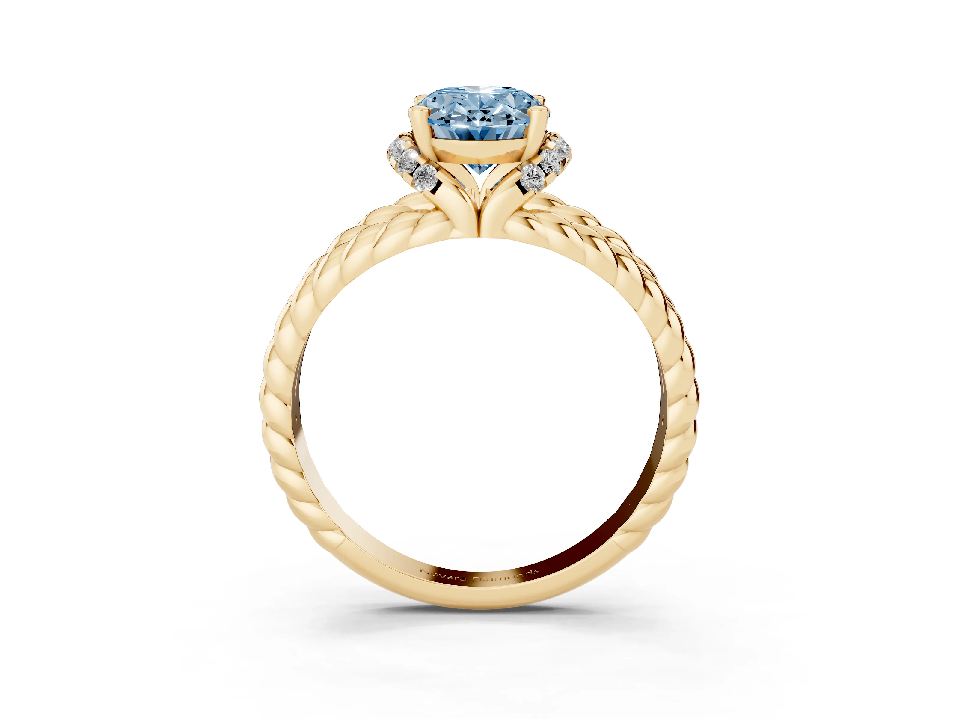 Fancy Blue Oval Cut Diamond Halo Ring Set in Yellow gold with Twisted Band and Prong Setting
