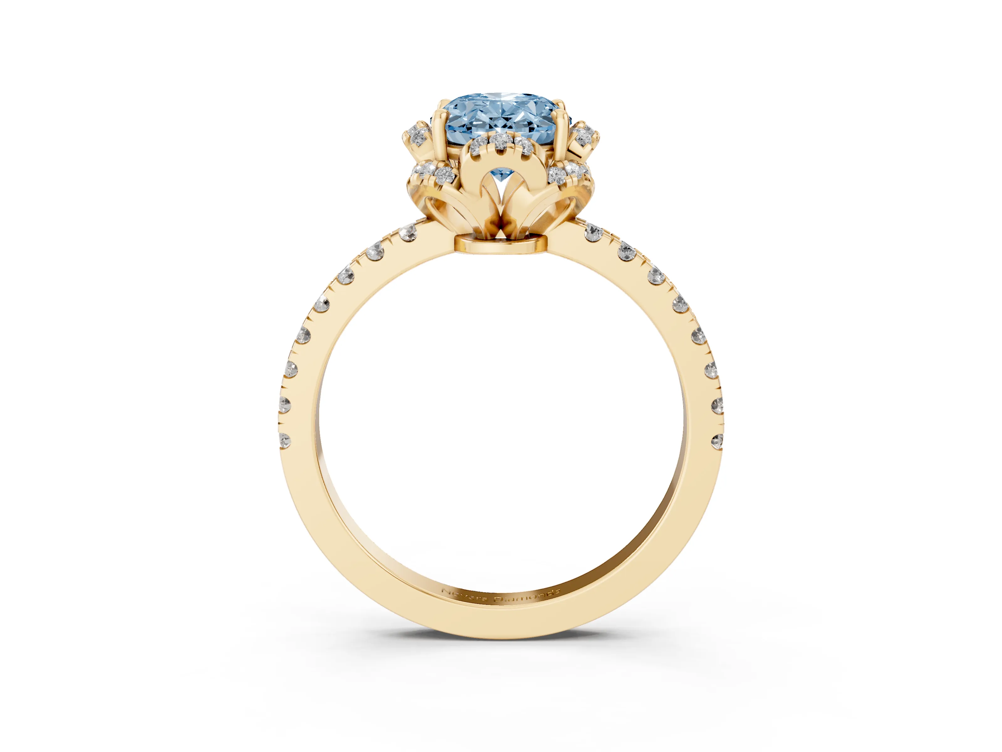 Fancy Blue Oval Cut Diamond Halo Pavé Band Ring Set in Yellow gold with Prong-Held Center