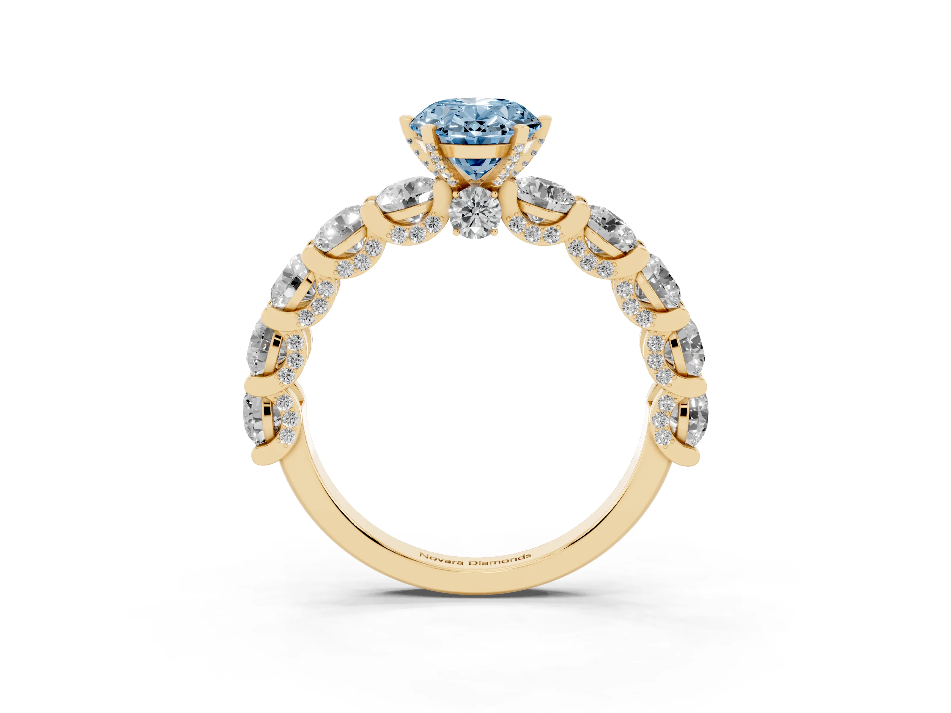 Fancy Blue Oval Cut Diamond Side Stone Ring Set in Yellow gold with Alternating Round and Oval Side Stones