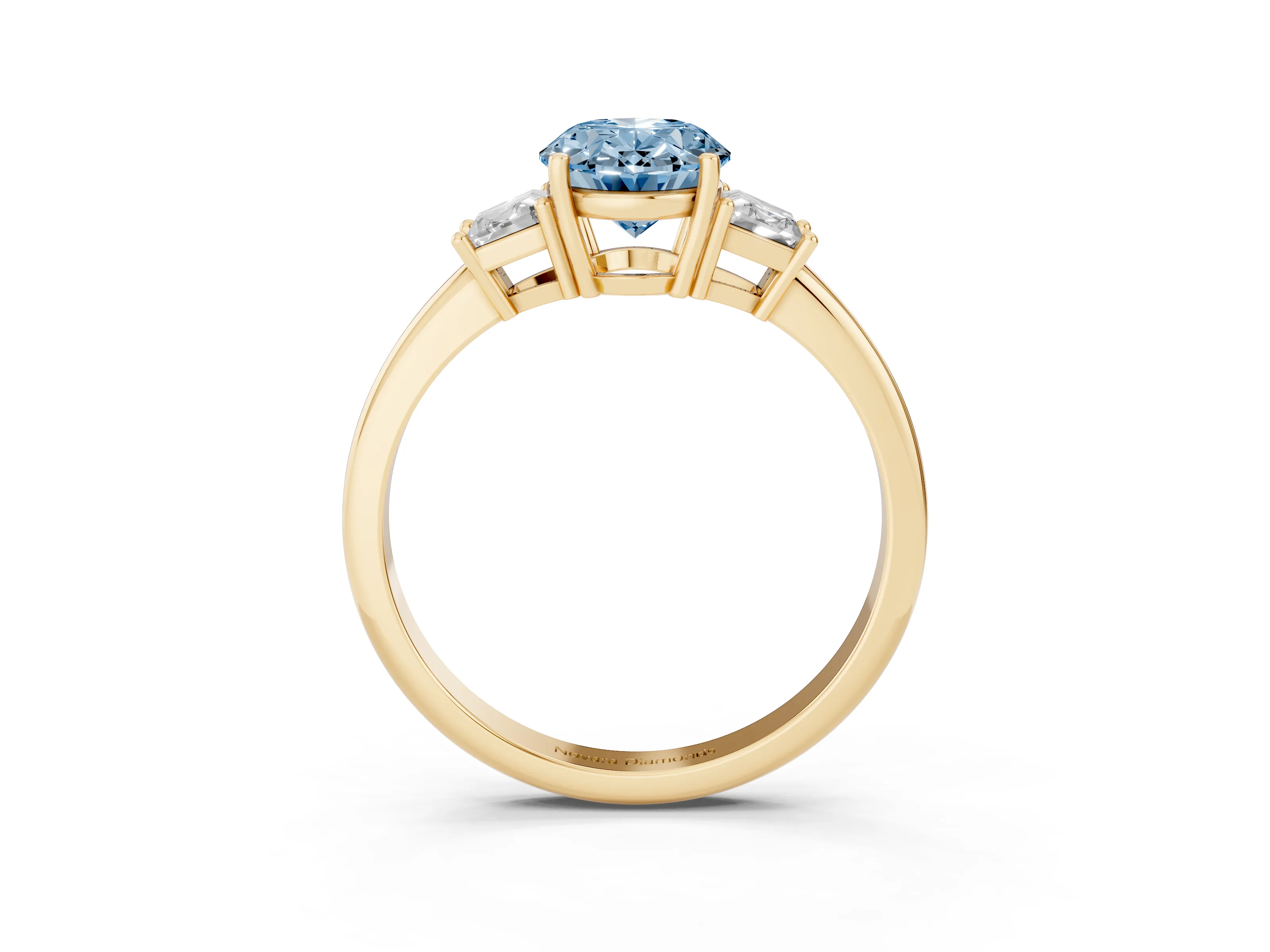 Fancy Blue Oval Cut Diamond Three-Stone Ring Set in Yellow gold with Trapezoid Side Stones and Prong Setting