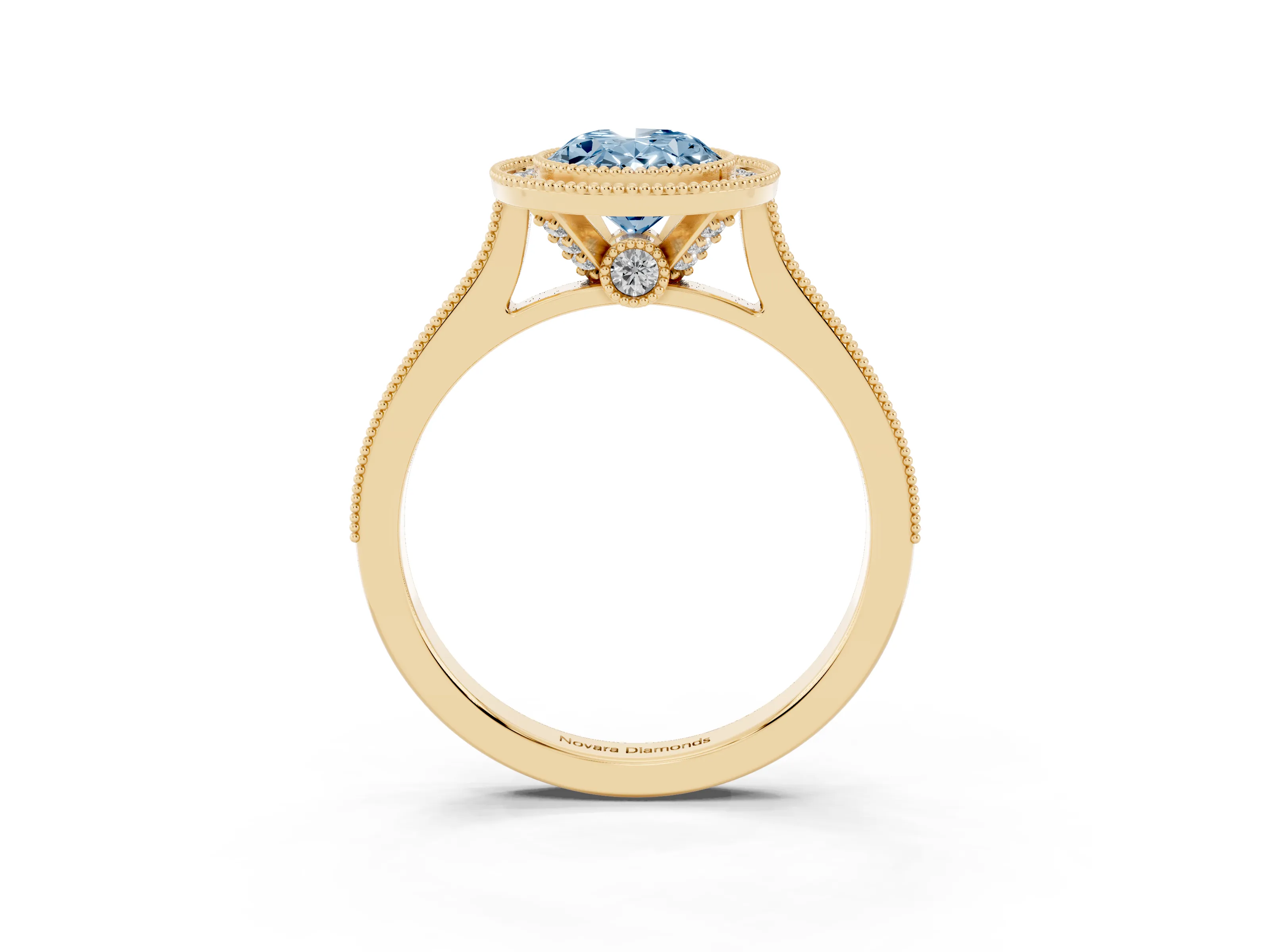 Fancy Blue Oval Cut Diamond Halo Milgrain Pavé Band Ring Set in Yellow gold with Prong Setting