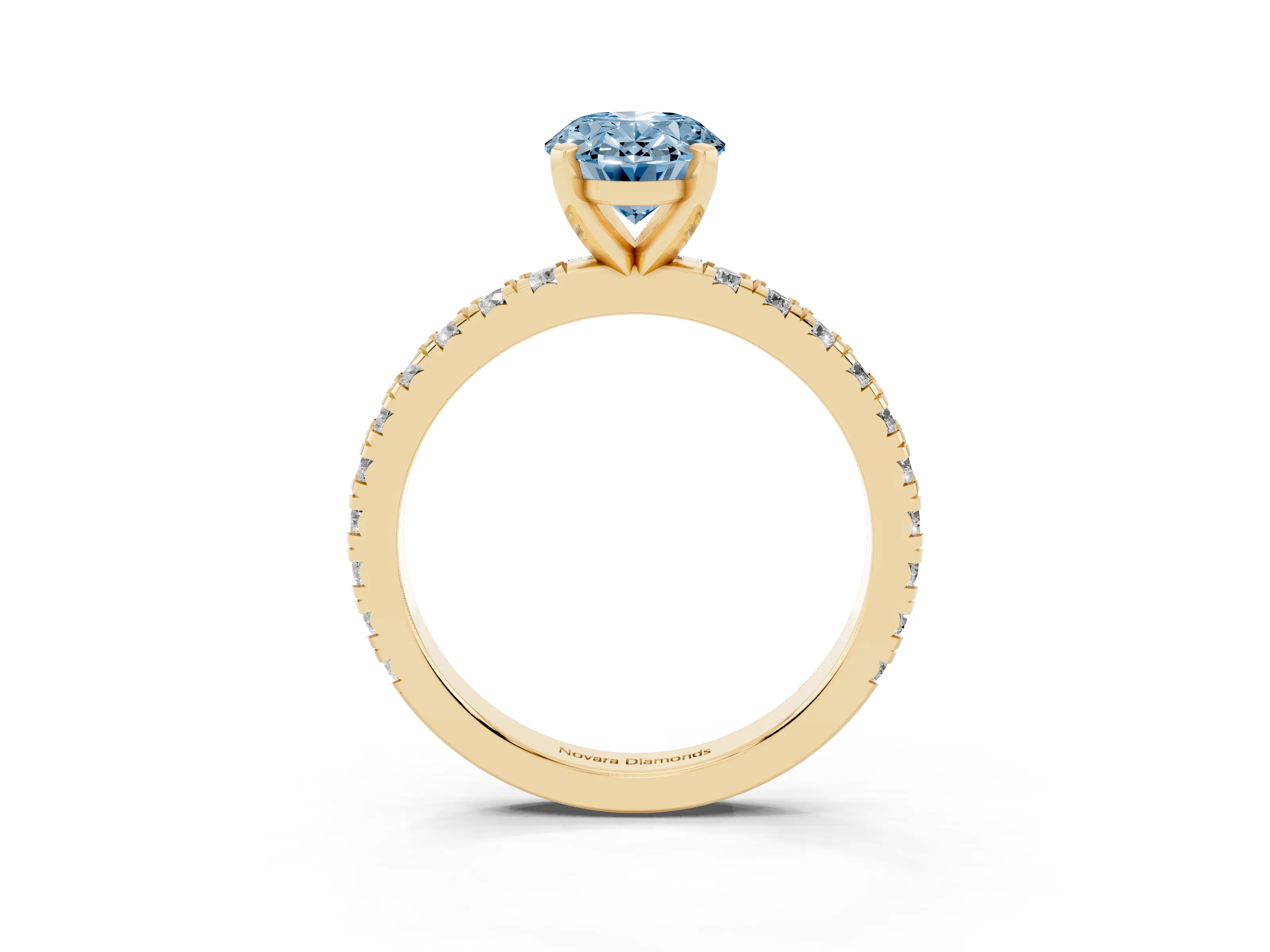 Fancy Blue Oval Cut Diamond Pavé Band Solitaire Set in Yellow gold with Prong Setting