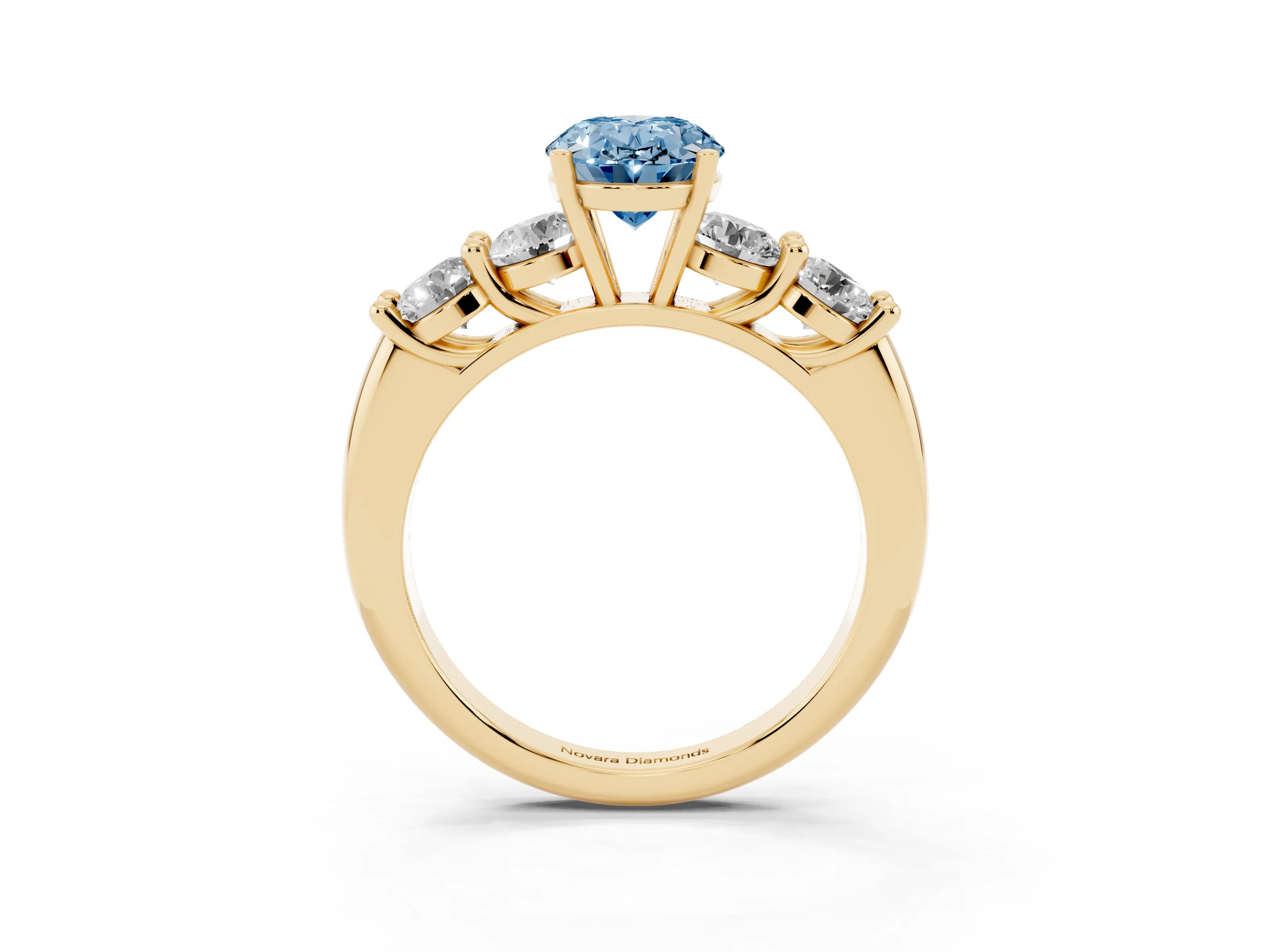 Fancy Blue Oval Cut Diamond Five-Stone Prong Set Ring Set in Yellow gold with Classic Band