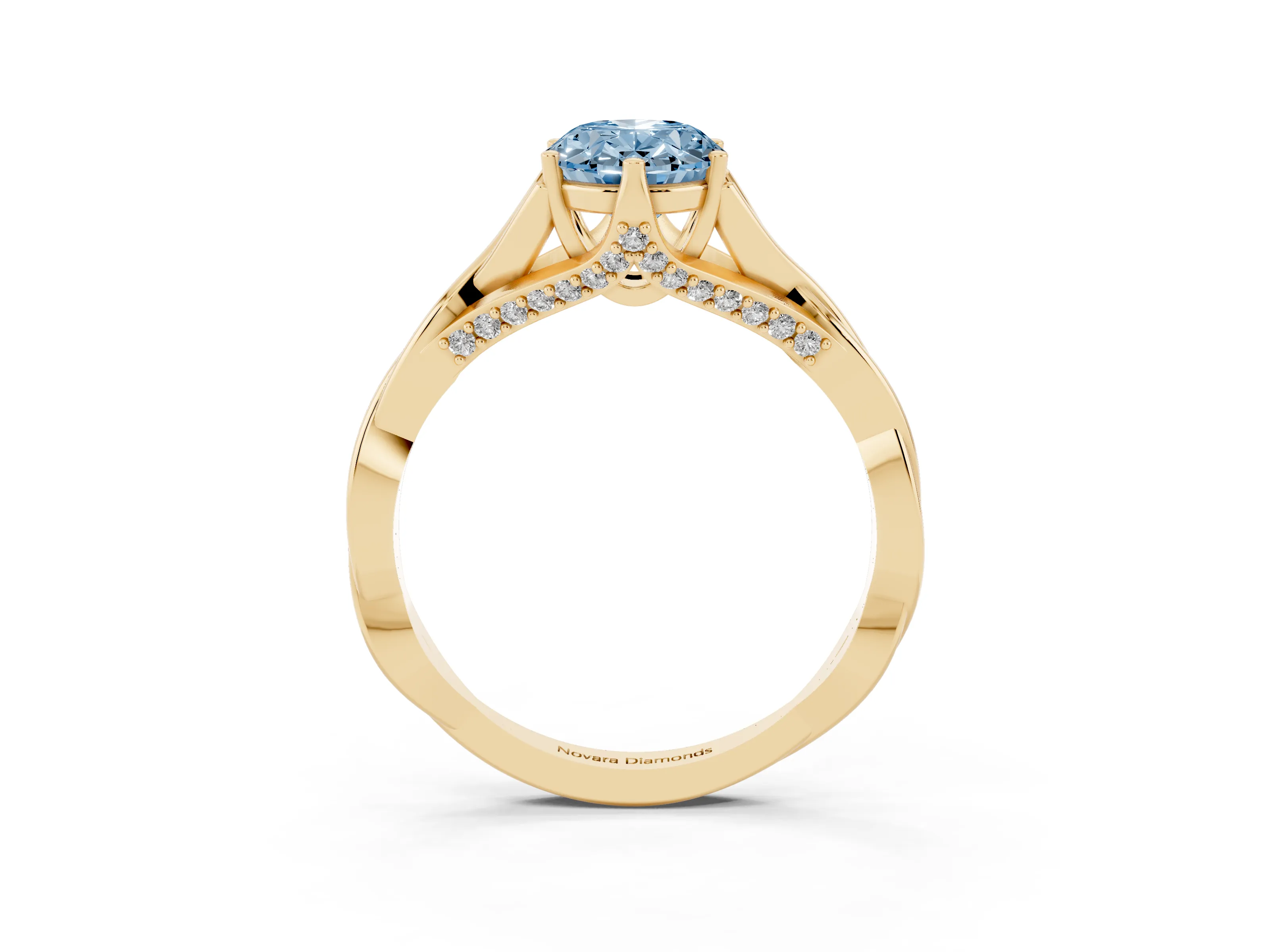 Fancy Blue Oval Cut Diamond Intertwined Twist Band Solitaire Ring Set in Yellow gold with Prong Setting