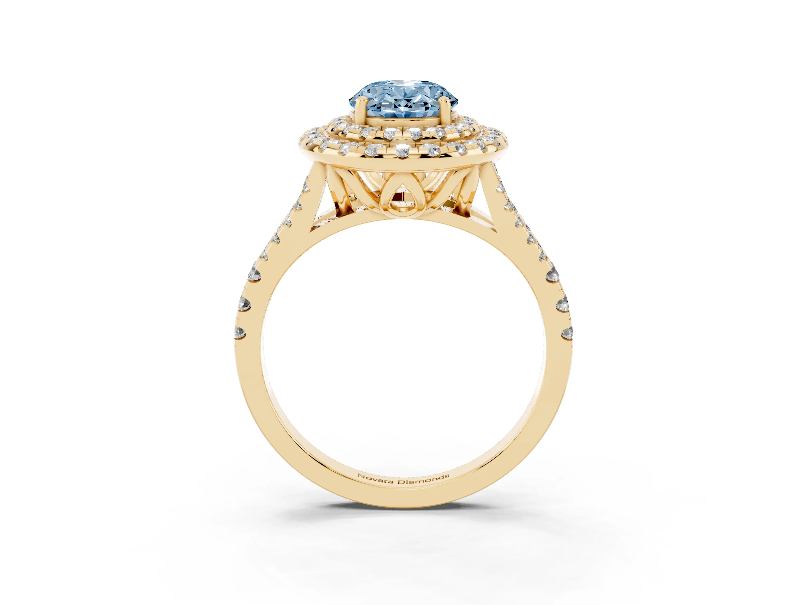 Fancy Blue Oval Cut Diamond Double Halo Ring Set in Yellow gold with Pavé Split Shank and Prong Setting