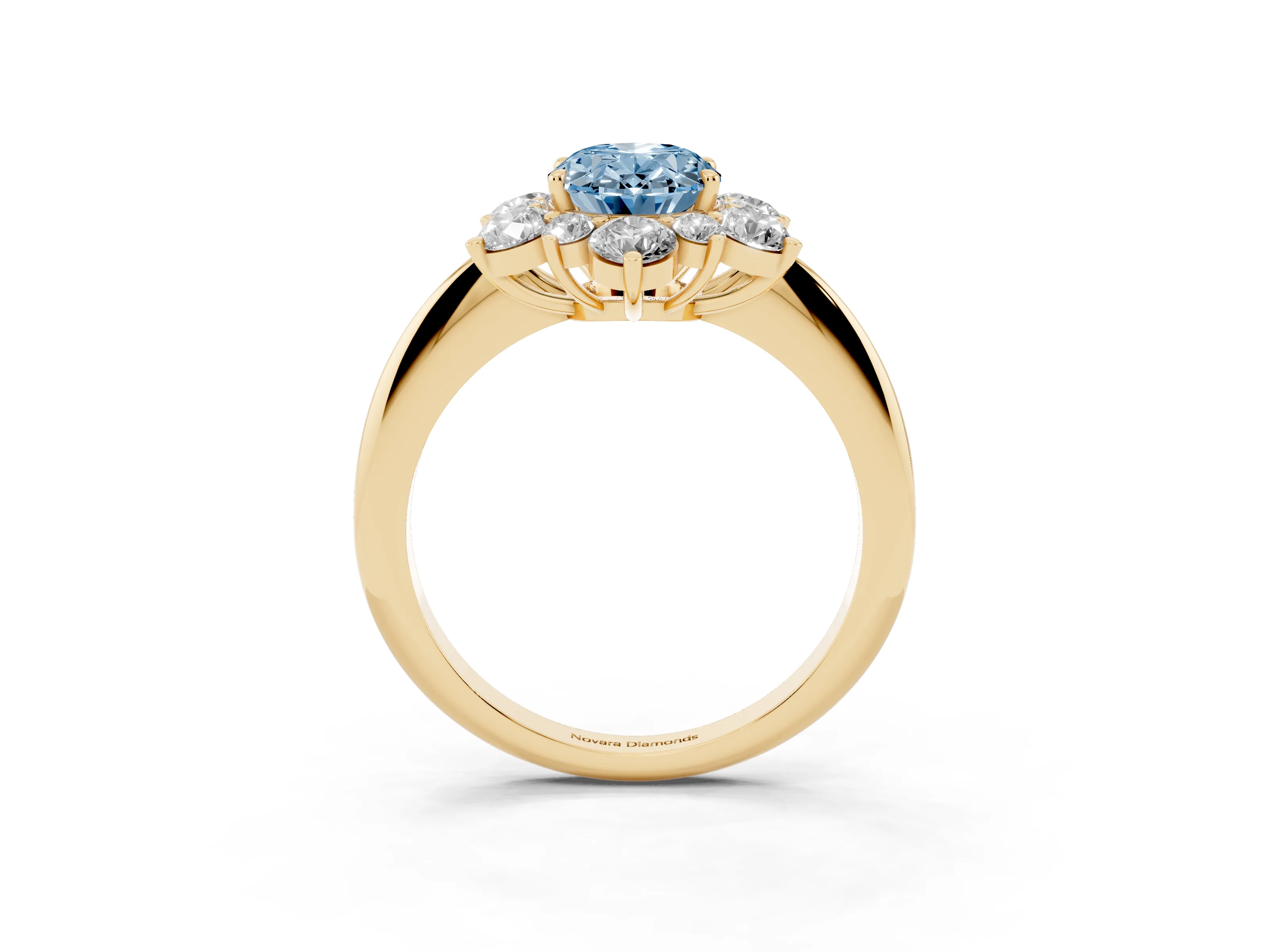 Fancy Blue Oval Cut Diamond Cluster Halo Ring Set in Yellow gold with Solitaire Band and Prong Setting