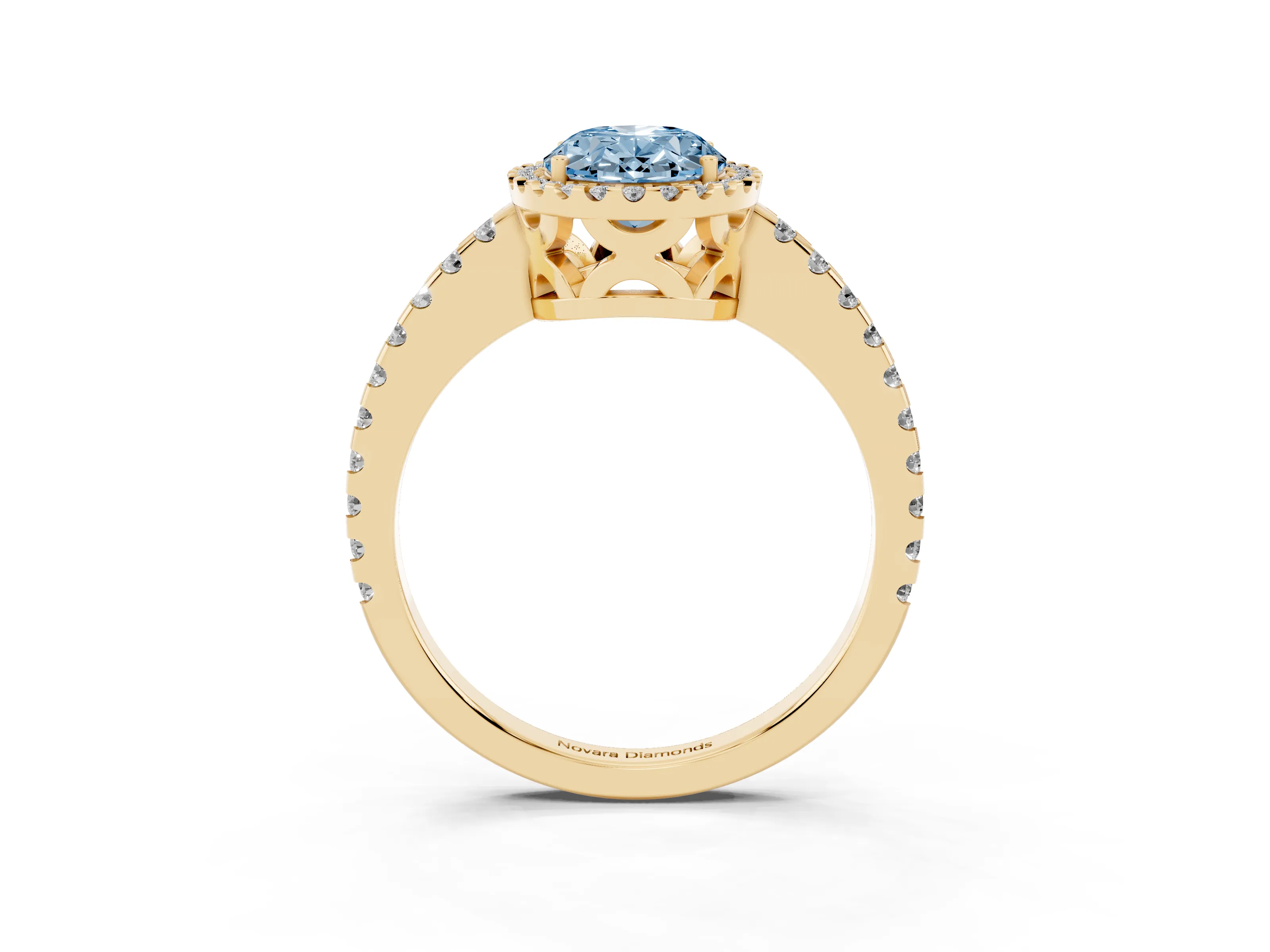 Fancy Blue Oval Cut Diamond Halo Ring Set in Yellow gold with Pavé Shoulders and Halo-Framed Center