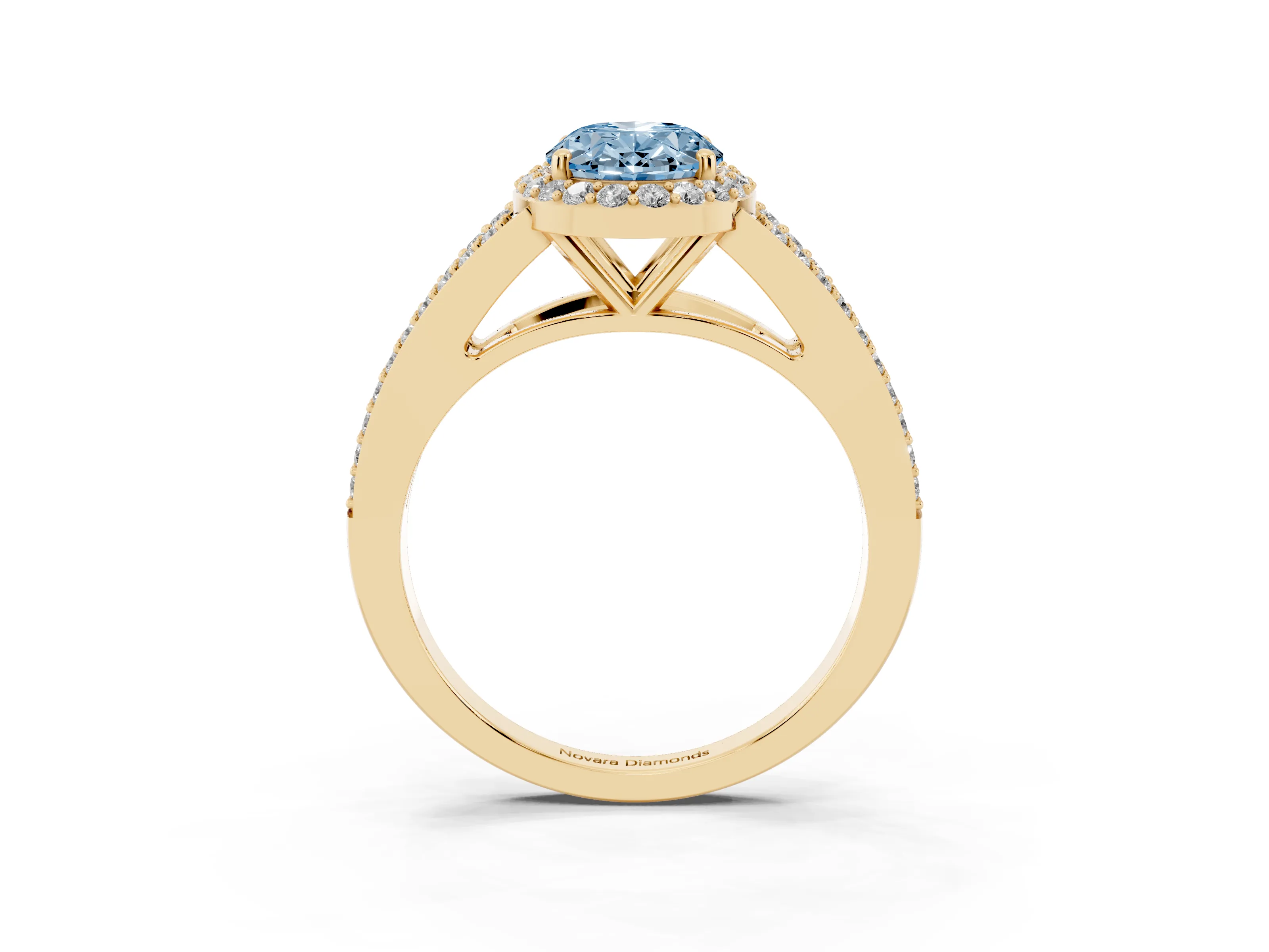 Fancy Blue Oval Cut Diamond Halo Split Shank Ring Set in Yellow gold with Accent Stones and Prong Setting