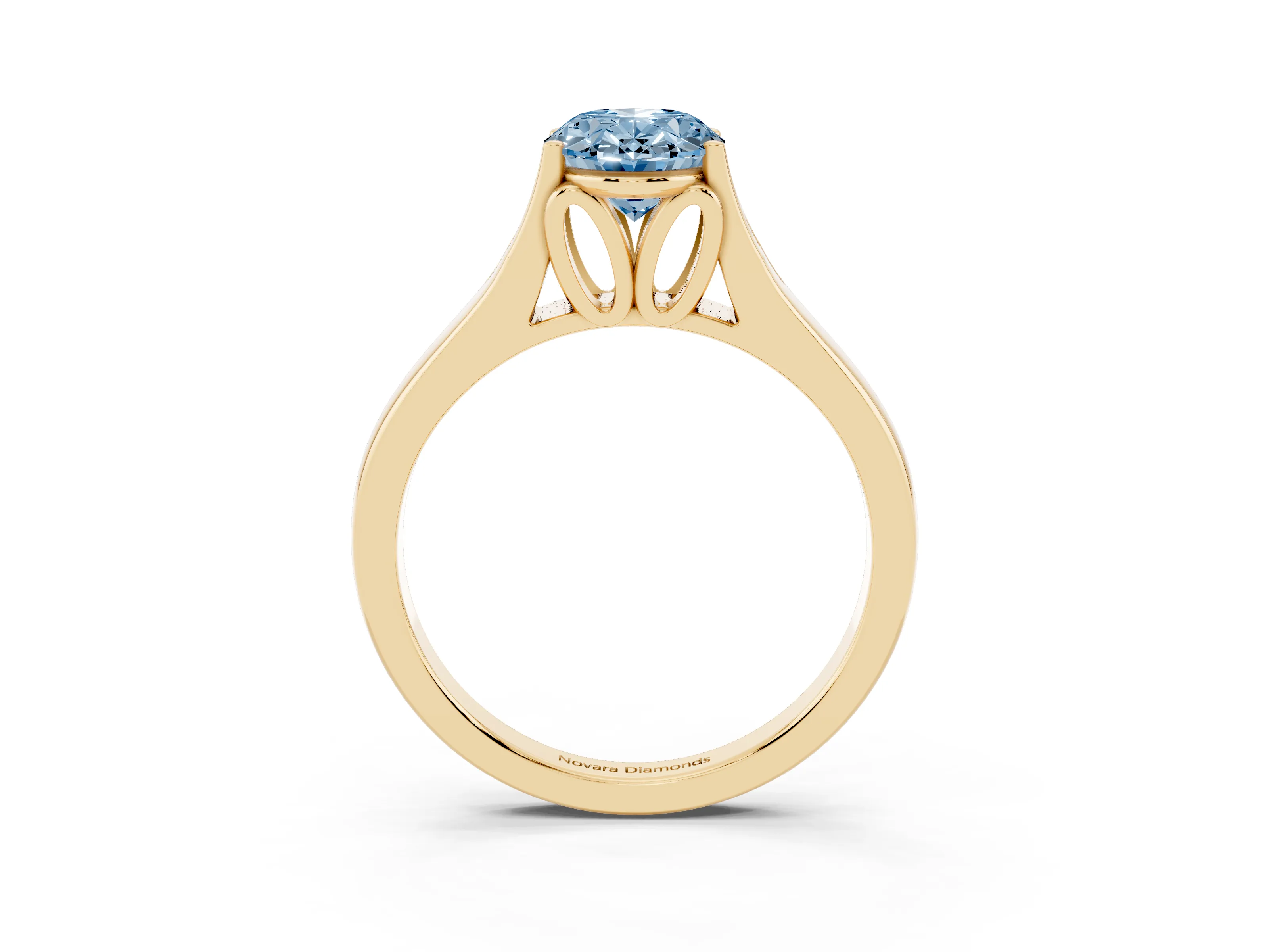 Fancy Blue Oval Cut Diamond Solitaire Ring Set in Yellow gold with Arched Cathedral Band and Prong Setting