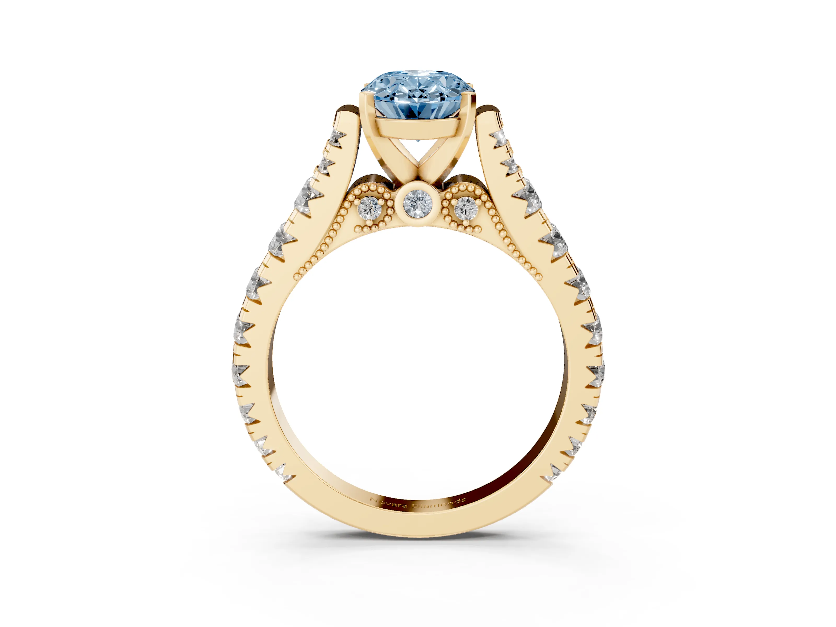 Fancy Blue Oval Cut Diamond Classic Solitaire Ring Set in Yellow gold with Pavé Band and Prong Setting
