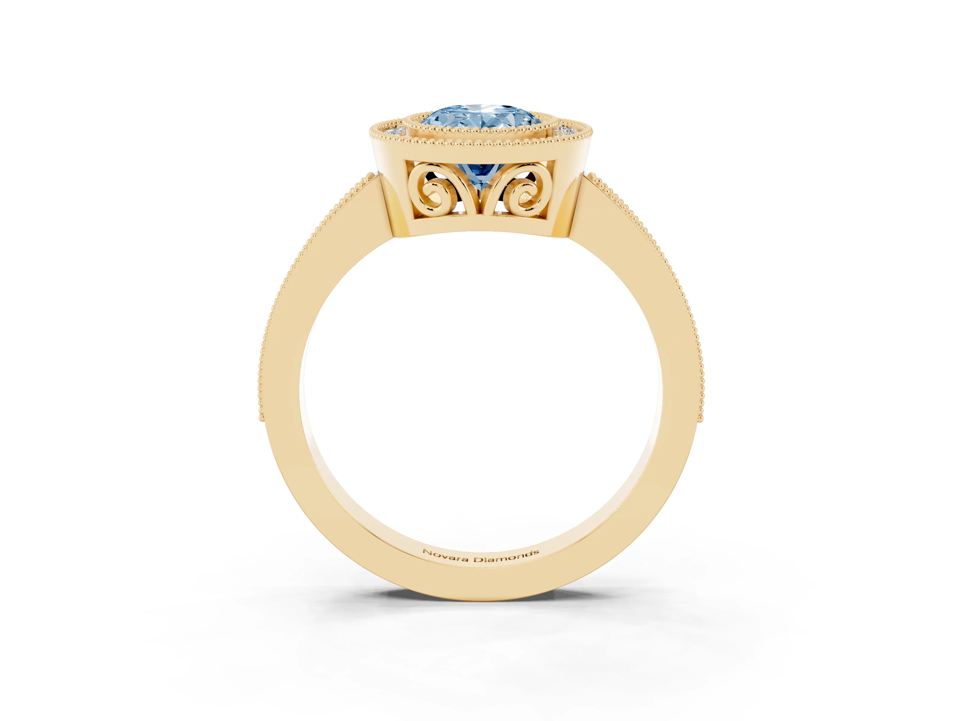 Fancy Blue Oval Cut Diamond Halo Ring Set in Yellow gold with Pavé Band and Milgrain-Edged Prongs