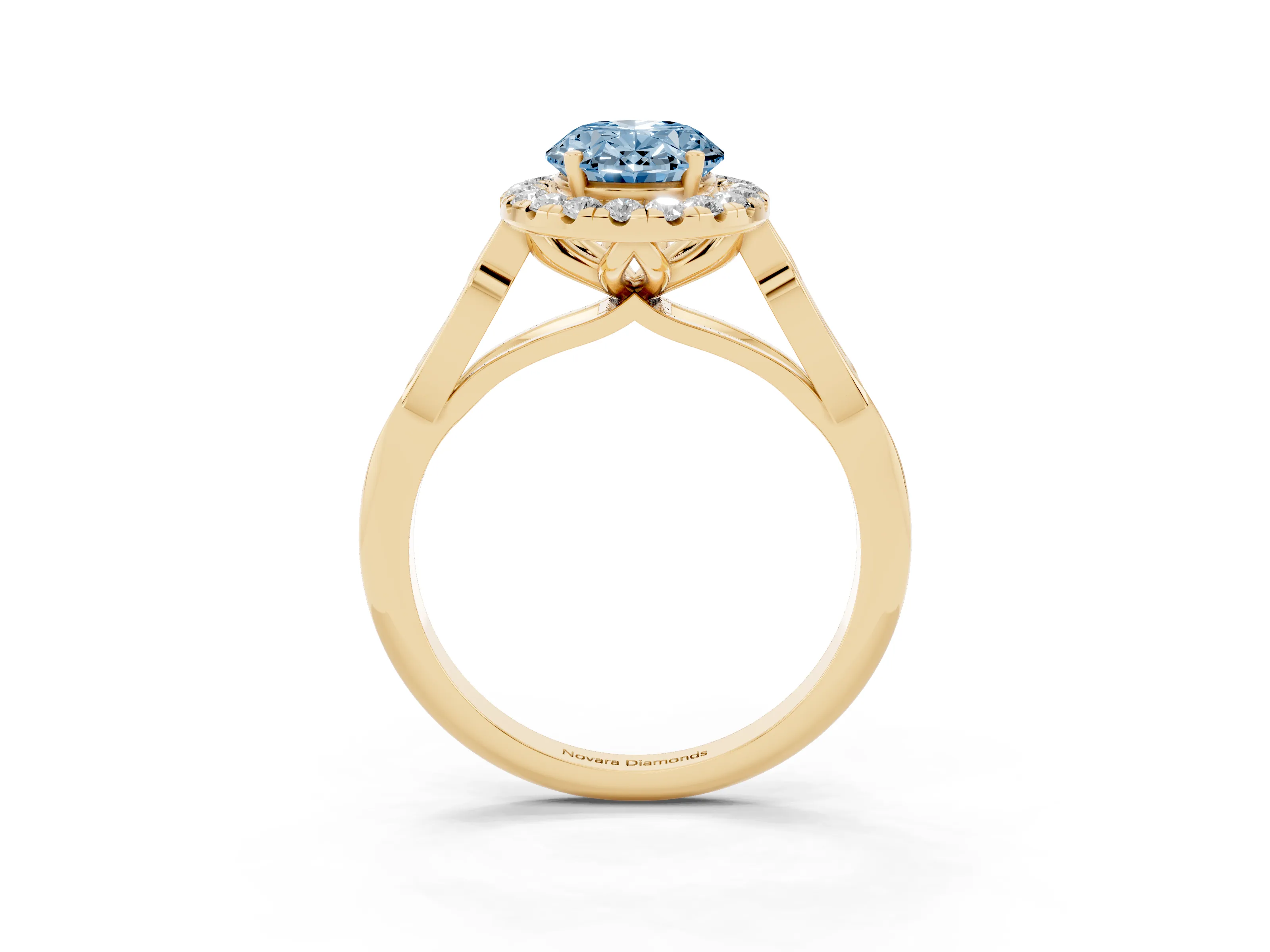 Fancy Blue Oval Cut Diamond Halo Engagement Ring Set in Yellow gold with Filigree Band and Prong-Set Center