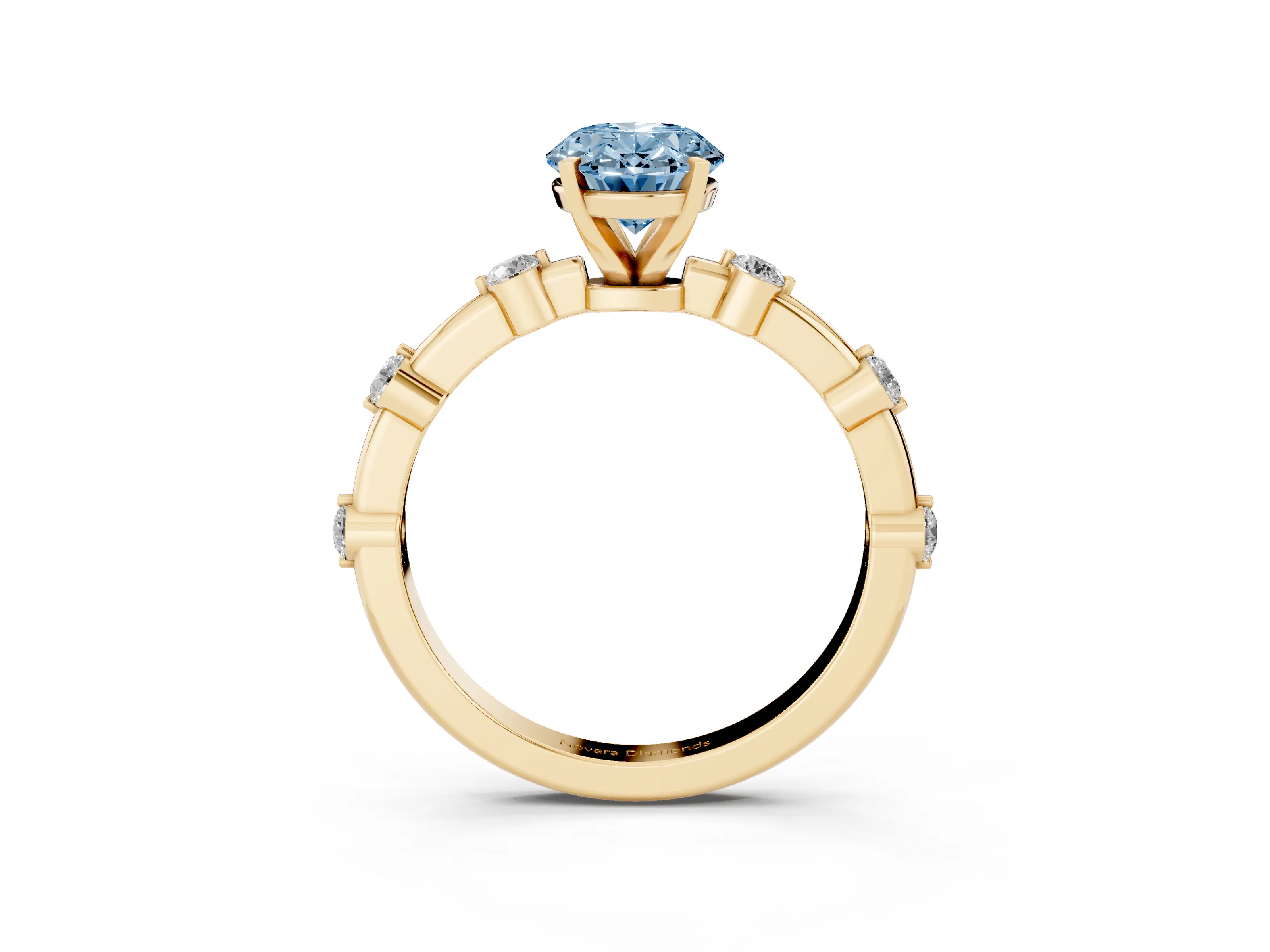 Fancy Blue Oval Cut Diamond Solitaire Ring Set in Yellow gold with Bezel Set Side Stones and Prong Setting