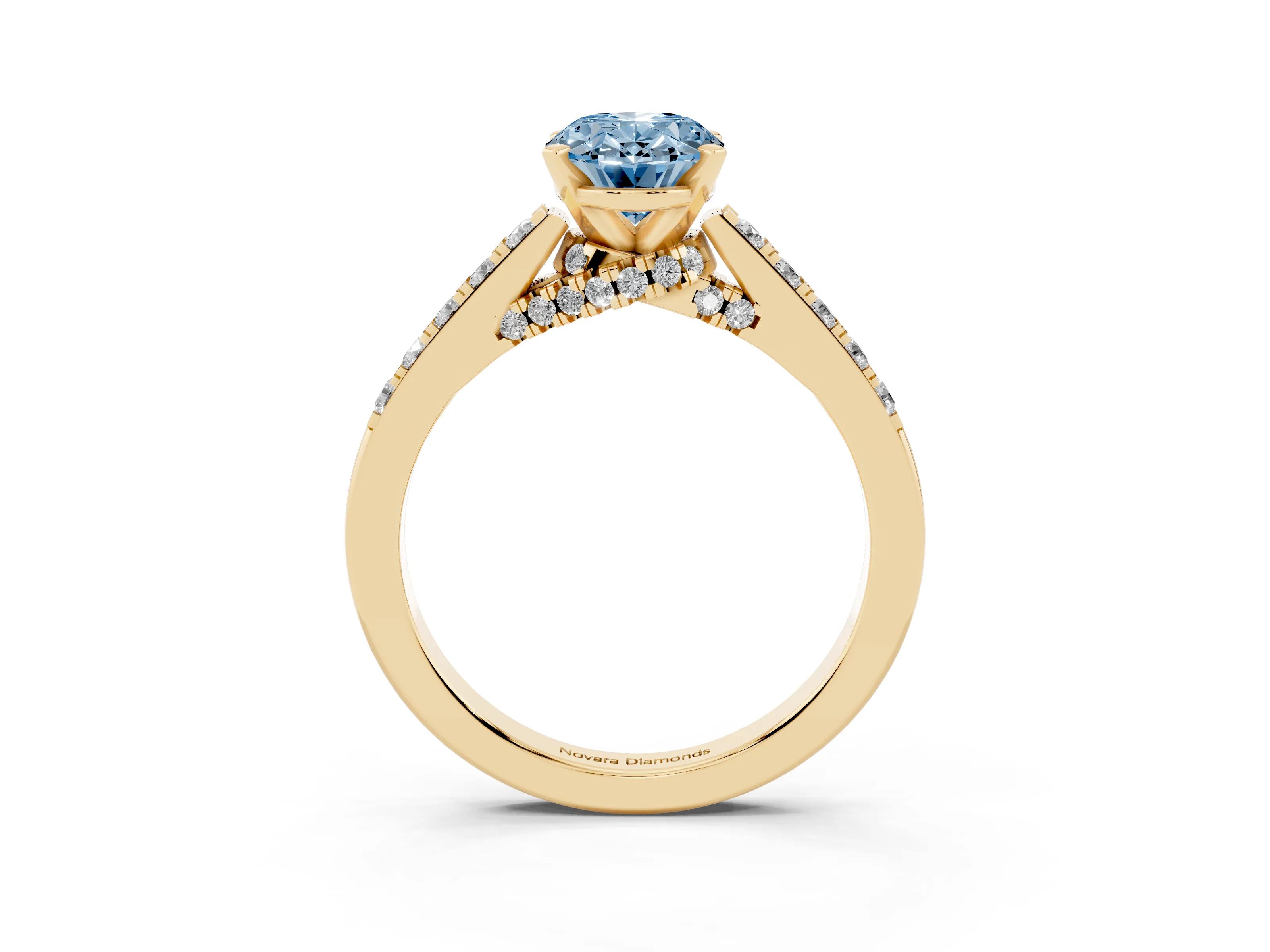 Fancy Blue Oval Cut Diamond Solitaire Ring Set in Yellow gold with Crossover Gallery and Round Pavé Band