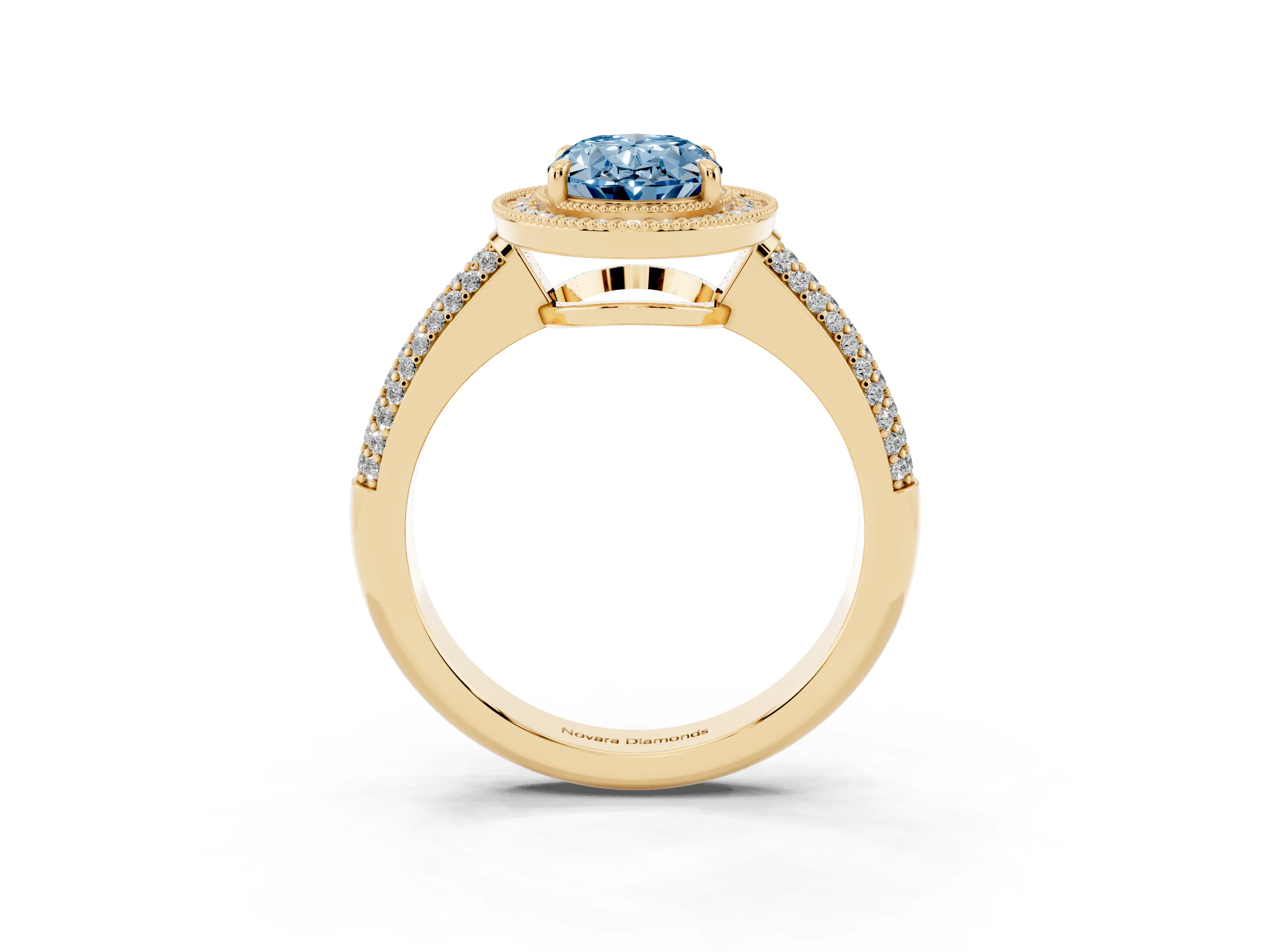 Fancy Blue Oval Cut Diamond Halo Pavé Band Set in Yellow gold with Prong Setting