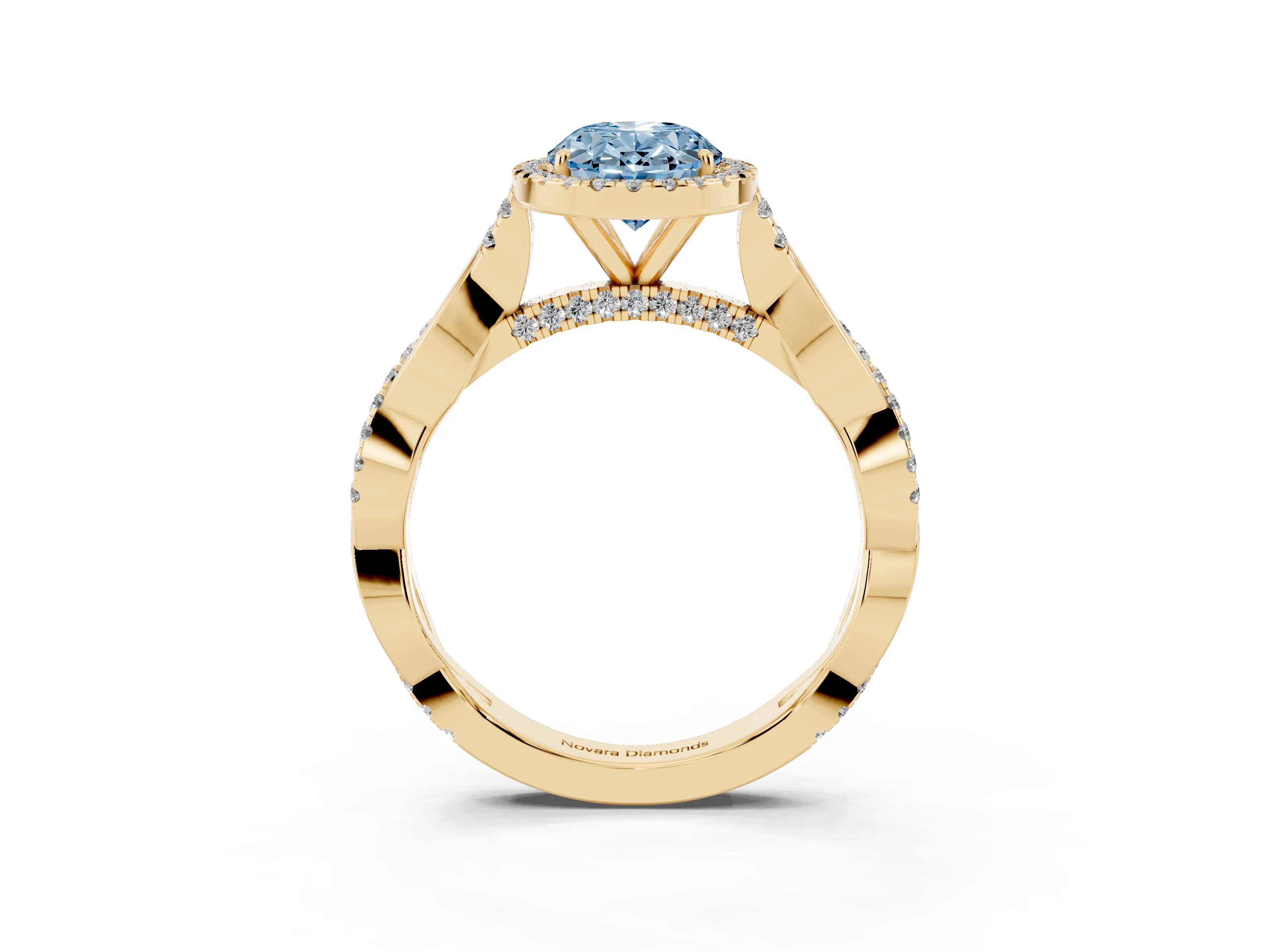 Fancy Blue Oval Cut Diamond Halo Twist Band Solitaire Ring Set in Yellow gold with Prong Setting