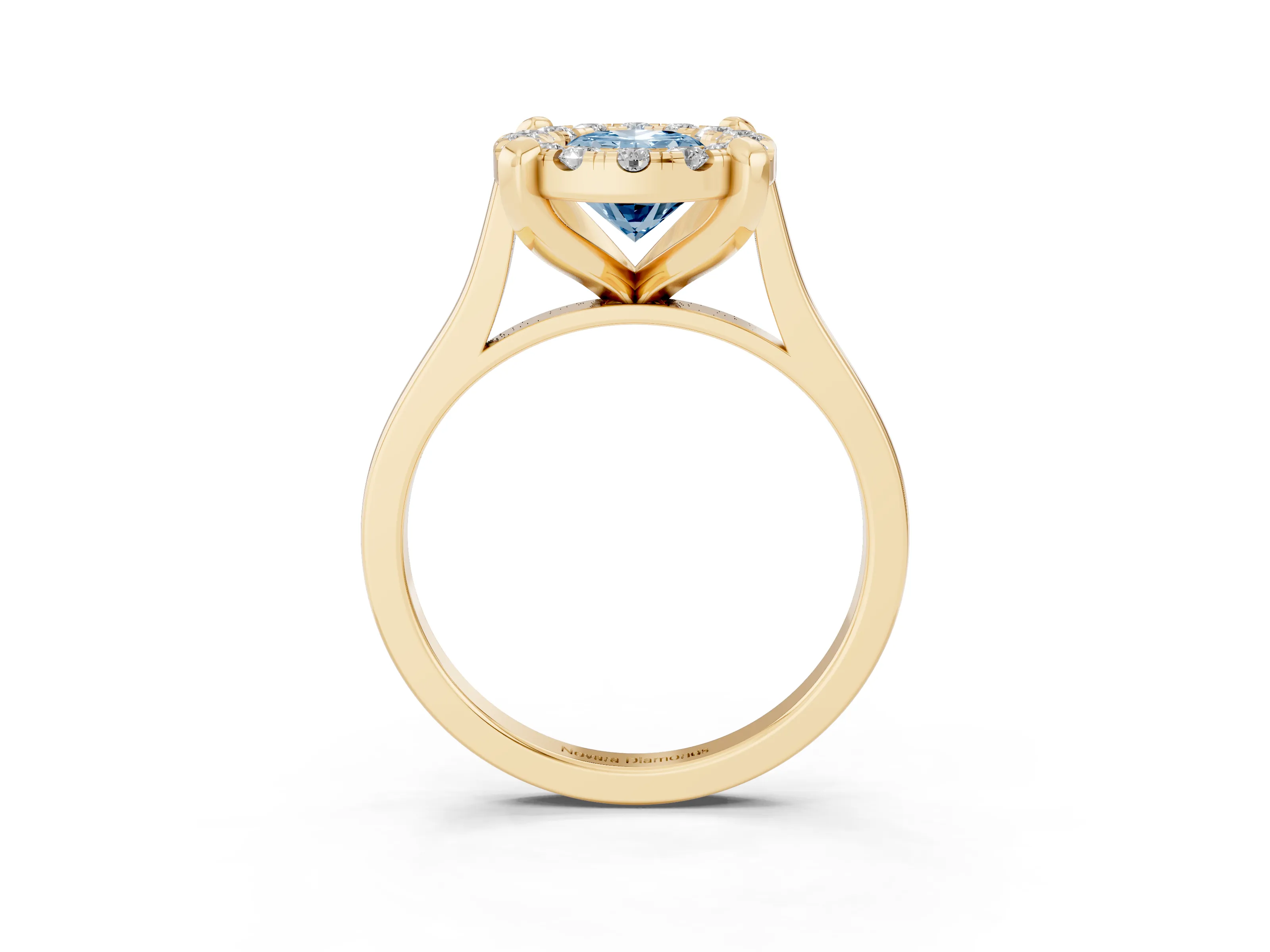 Fancy Blue Oval Cut Diamond Cluster Halo Solitaire Ring Set in Yellow gold with Prong Setting