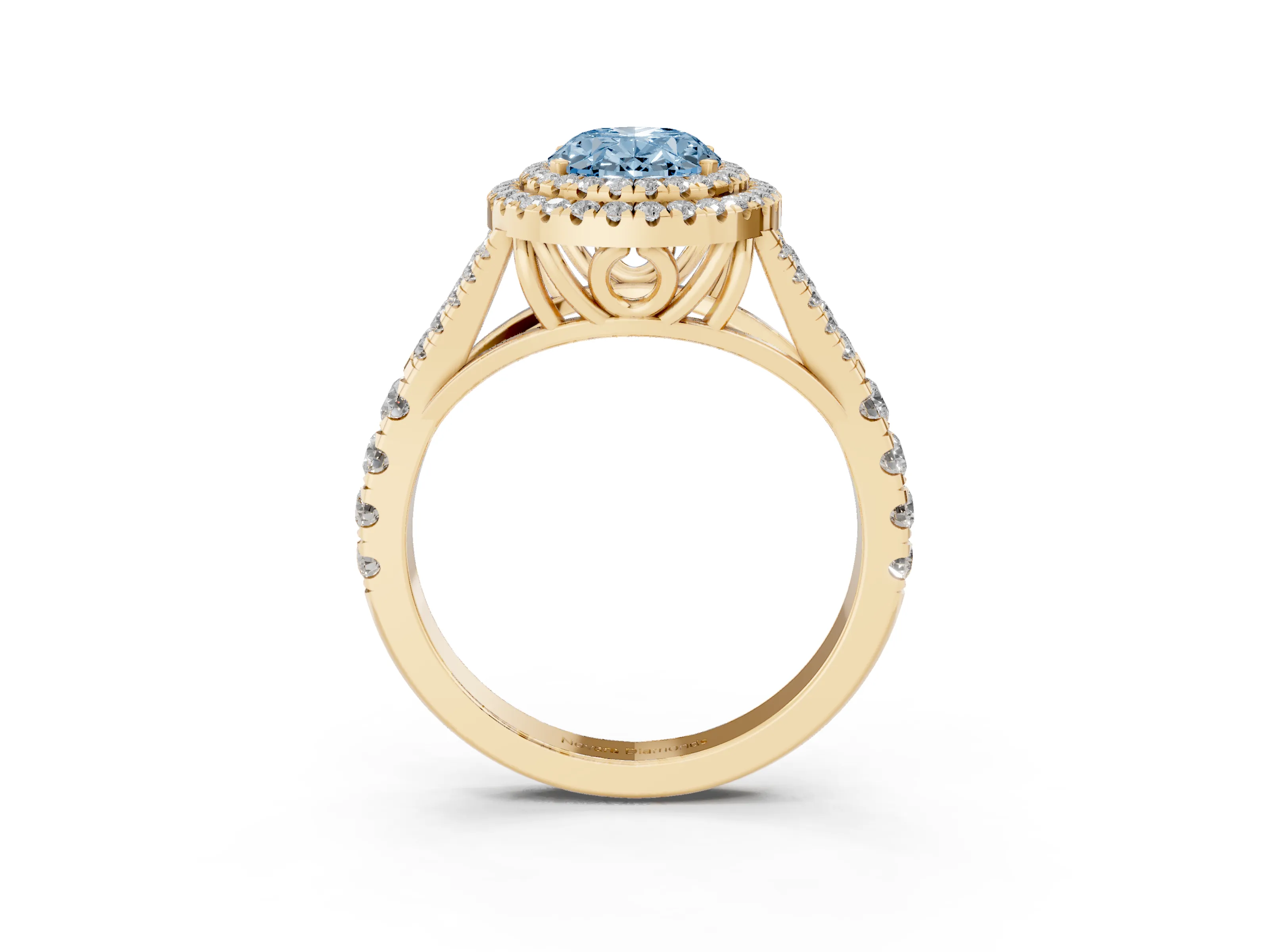 Fancy Blue Oval Cut Diamond Pavé Split Shank Double Halo Engagement Ring Set in Yellow gold