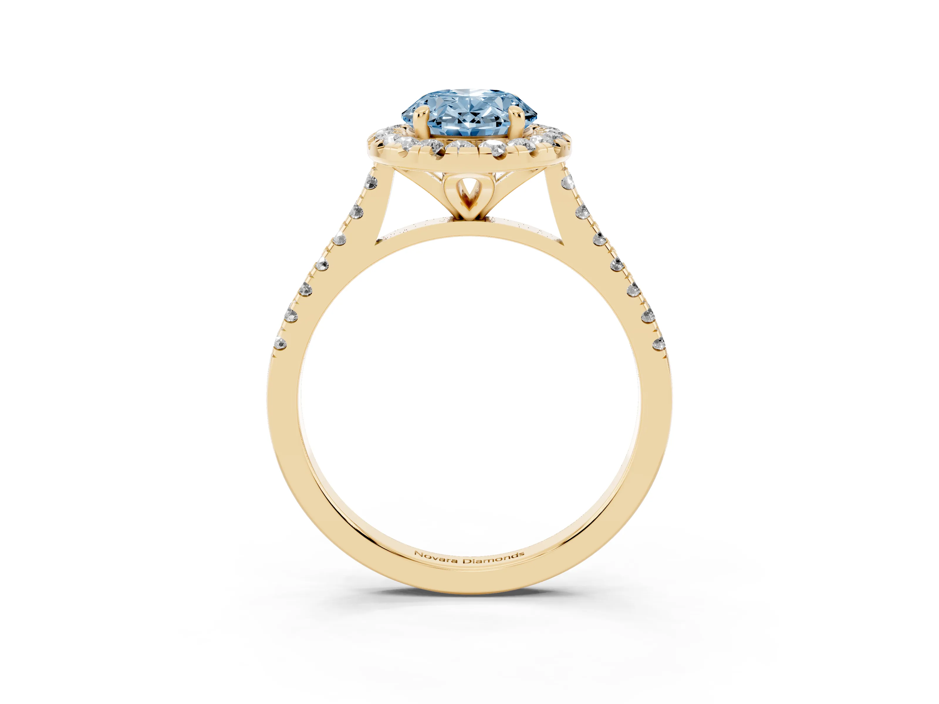 Fancy Blue Oval Cut Diamond Cushion Halo Ring Set in Yellow gold with Pavé Band