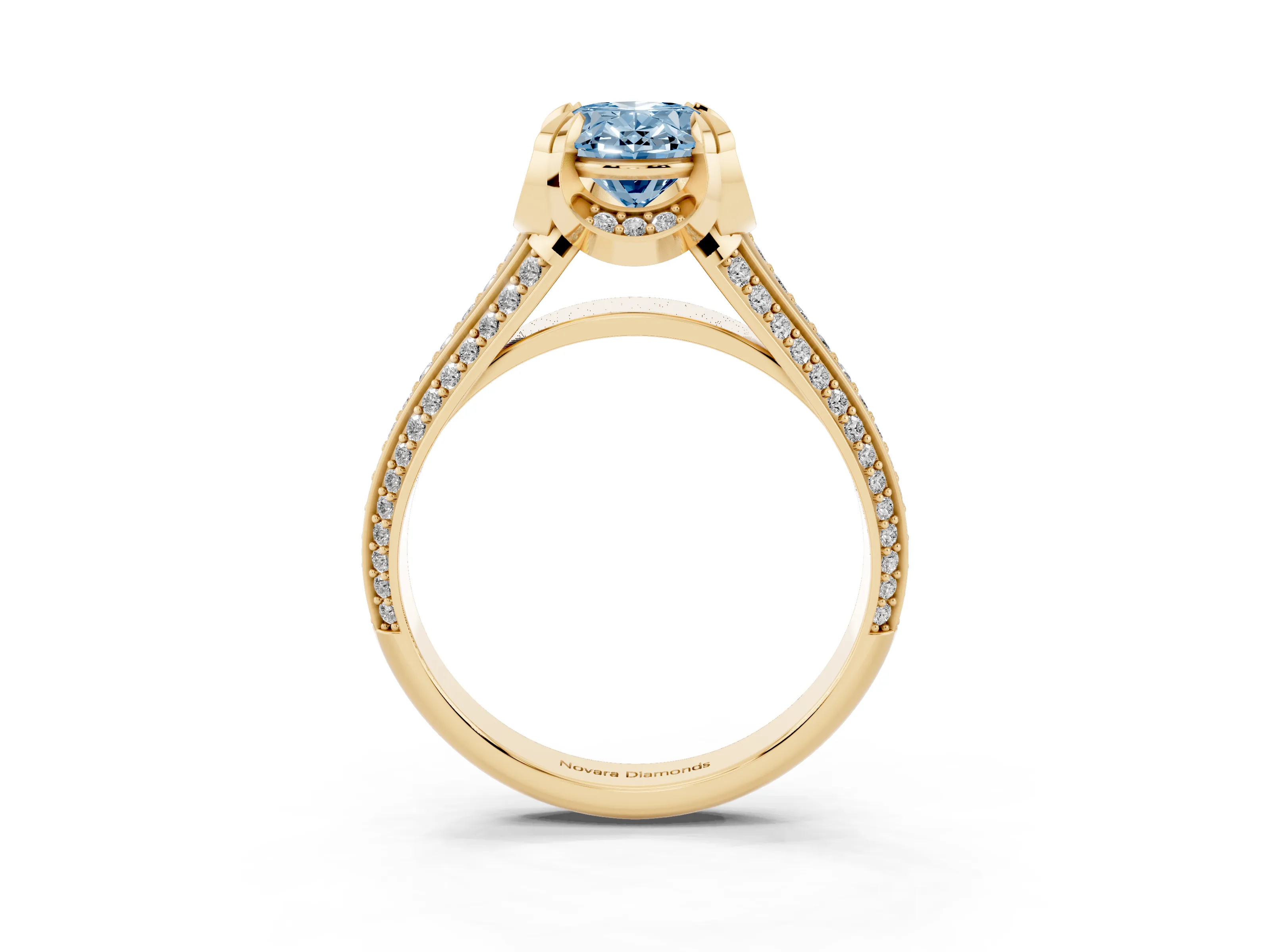 Fancy Blue Oval Cut Diamond Pavé Split Shank Solitaire Ring Set in Yellow gold with Prong Setting