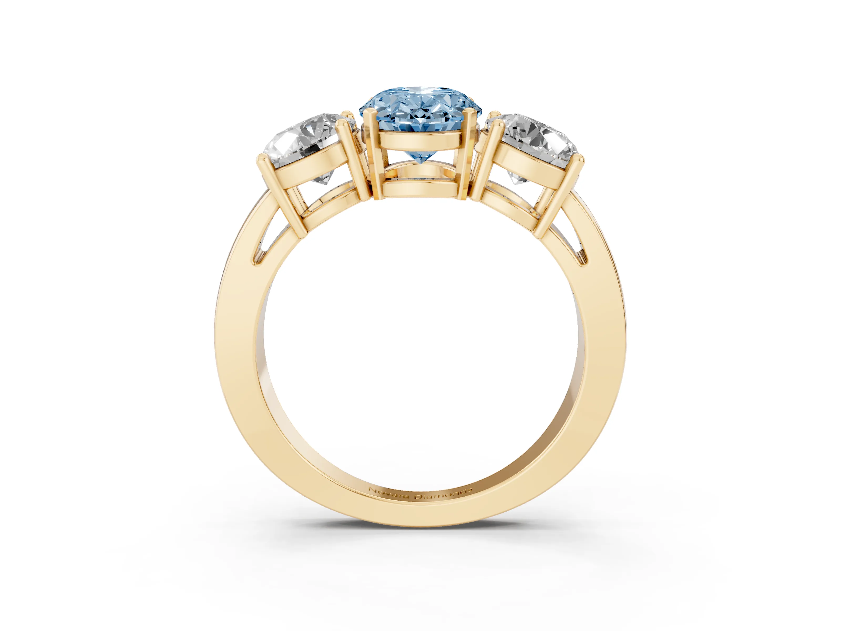 Fancy Blue Oval Cut Diamond Three-Stone Ring Set in Yellow gold with Round Side Stones and Classic Band