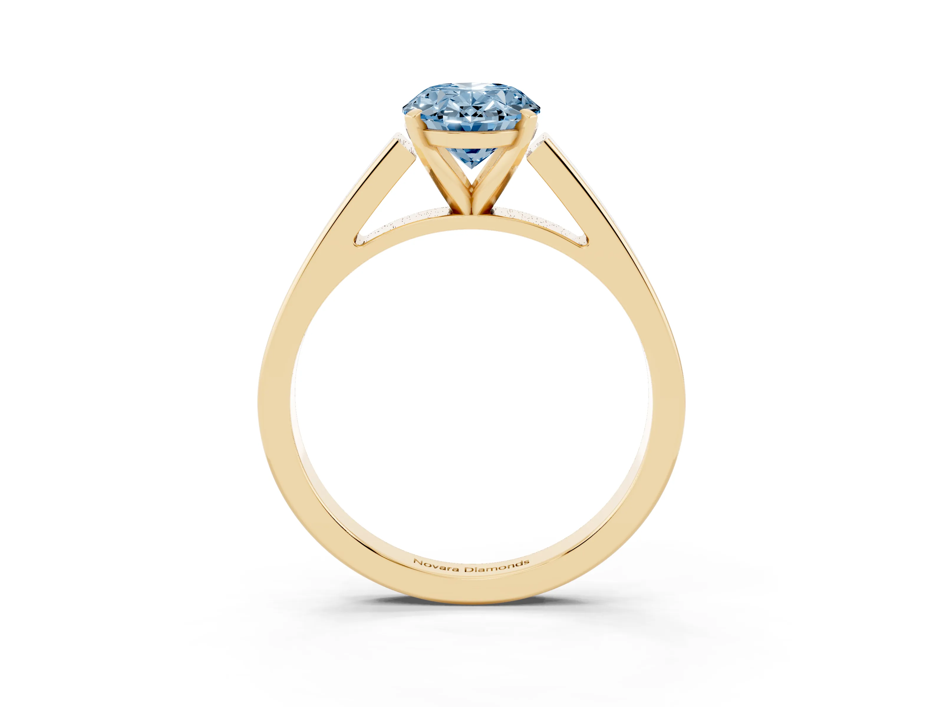 Fancy Blue Oval Cut Diamond Solitaire Engagement Ring Set in Yellow gold with Prong Setting and Tapered Band