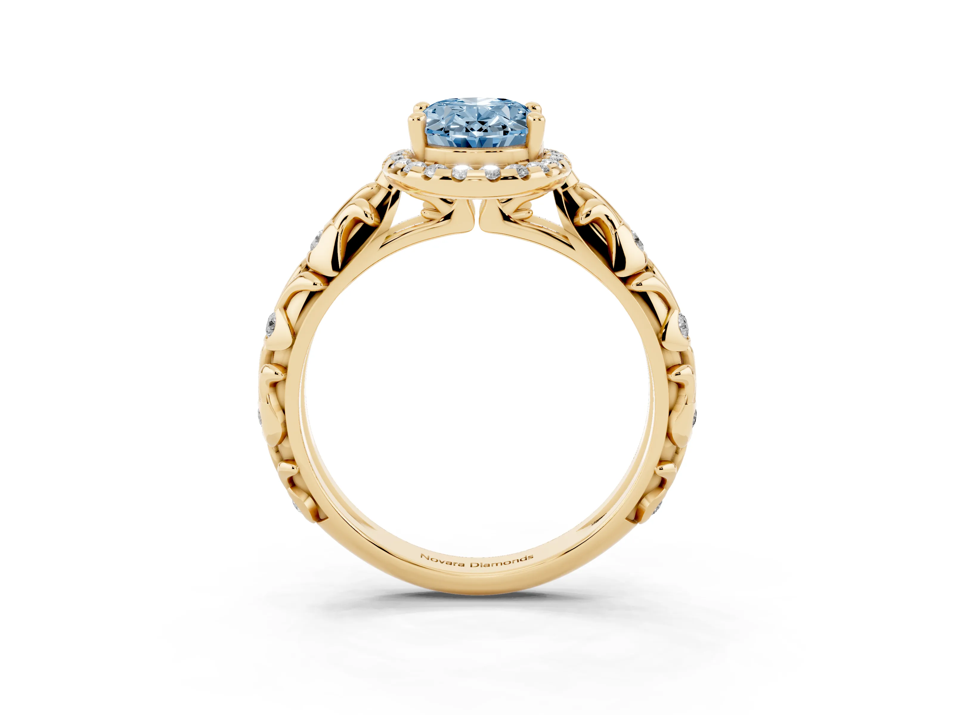 Fancy Blue Oval Cut Diamond Halo Ring Set in Yellow gold with Filigree Leaf Band and Prong Setting