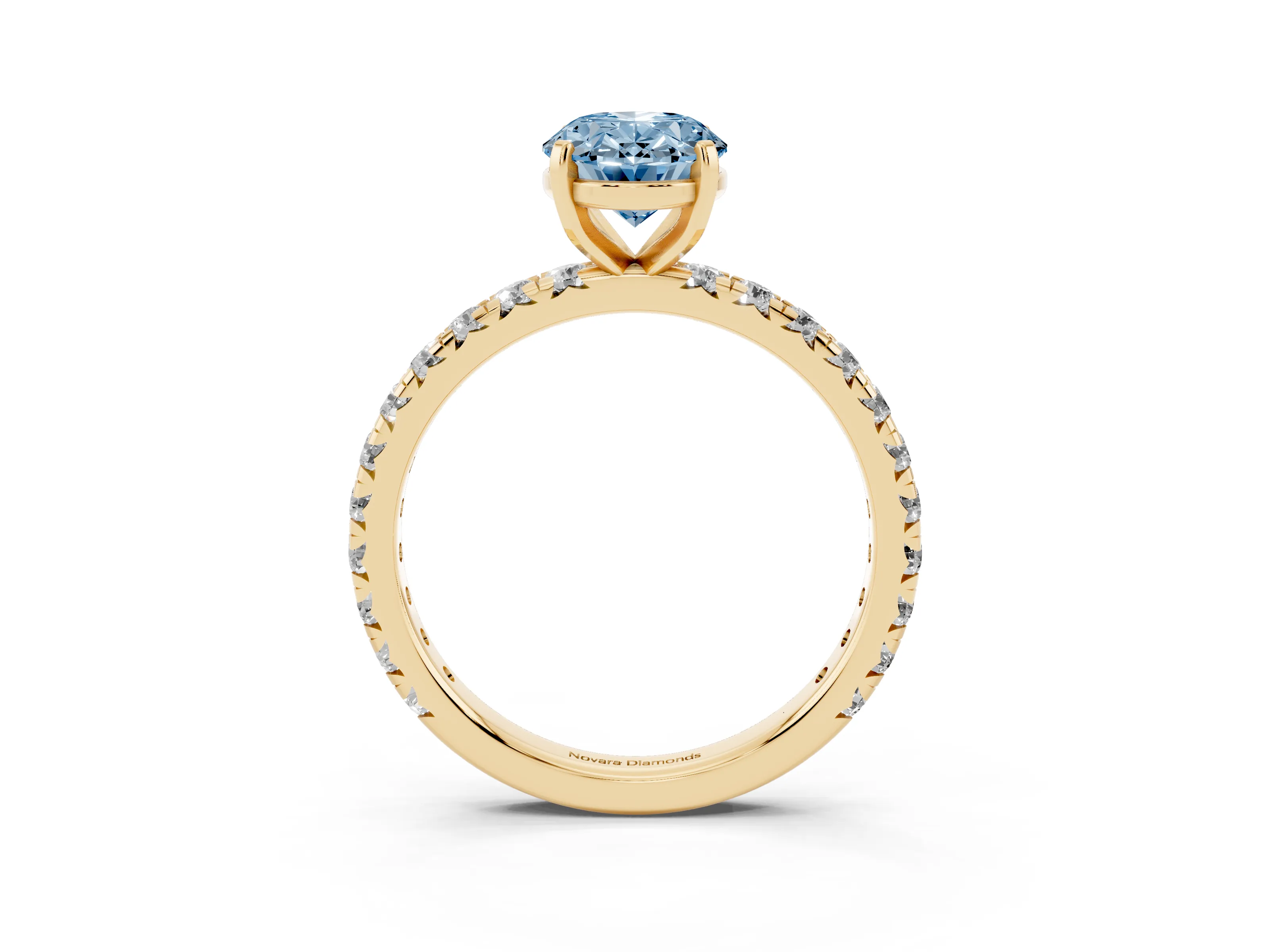 Fancy Blue Oval Cut Diamond Pavé Solitaire Ring Set in Yellow gold with Round Band and Prong Setting