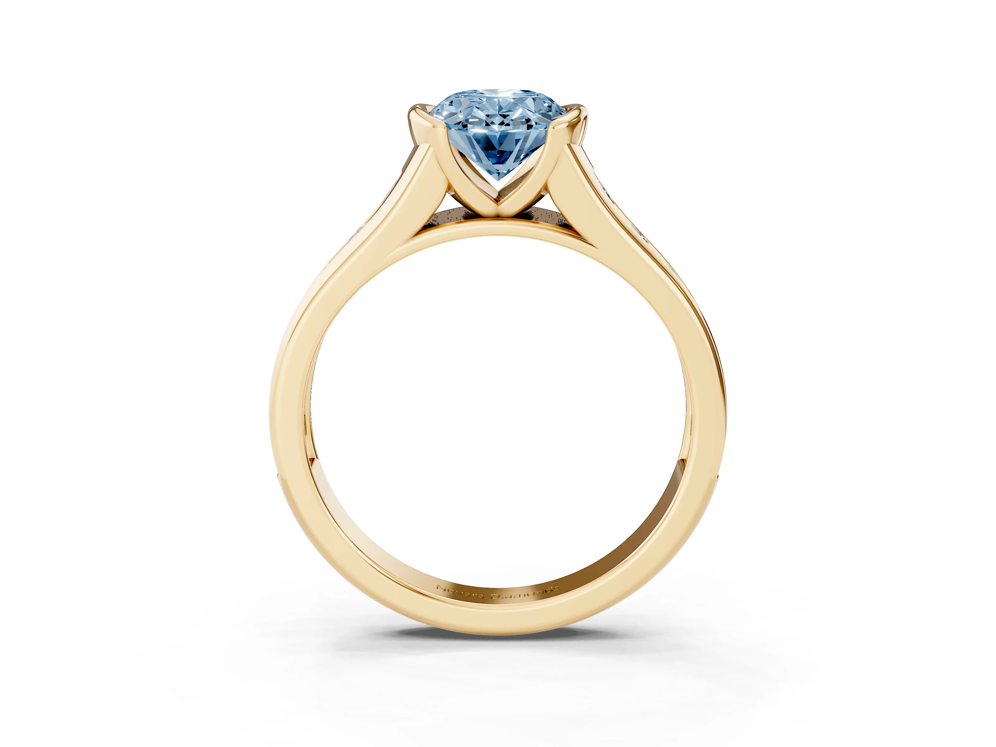 Fancy Blue Oval Cut Diamond Bezel-Set Solitaire Ring Set in Yellow gold with Channel-Set Band