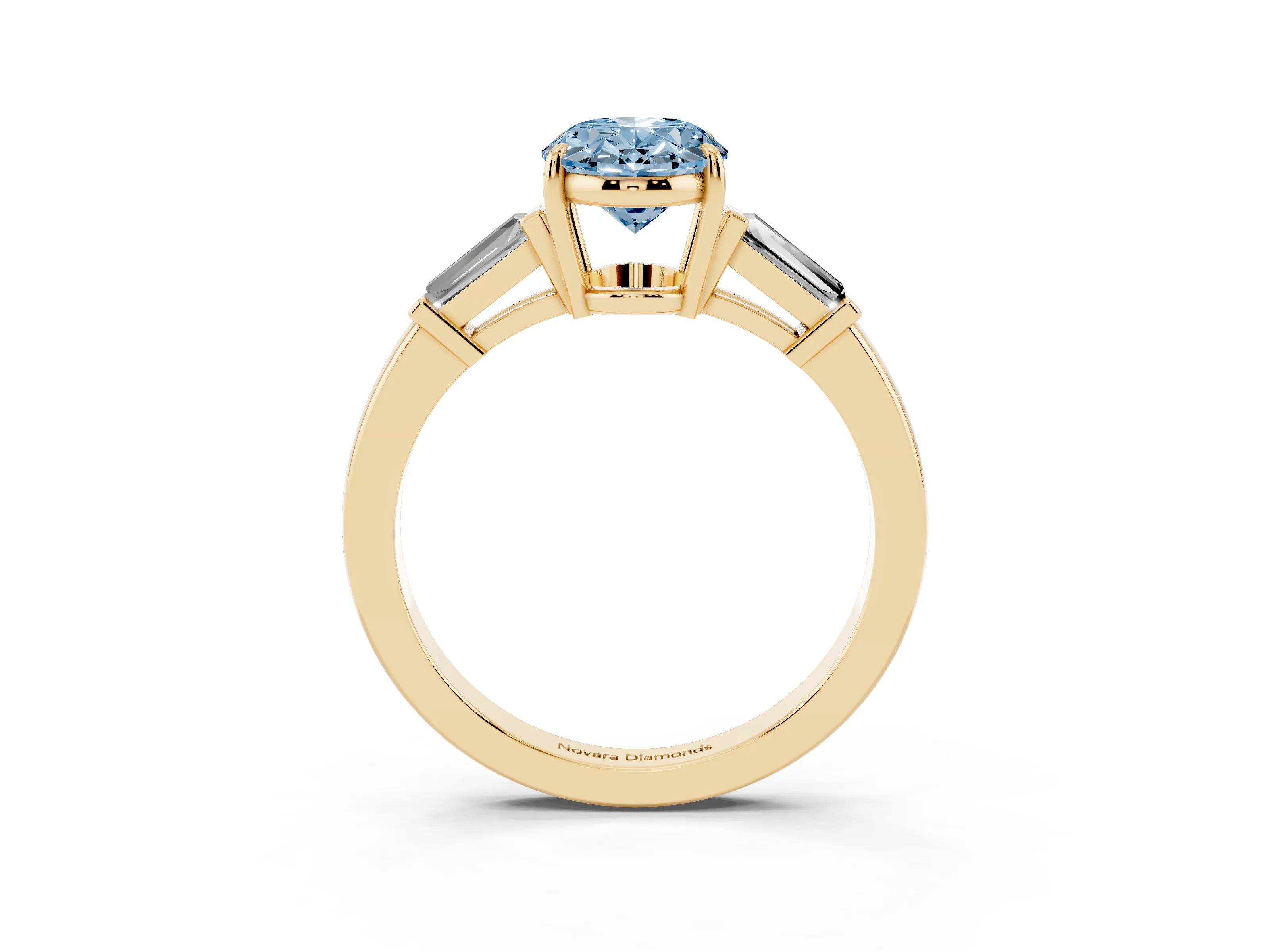 Fancy Blue Oval Cut Diamond Three-Stone Ring Set in Yellow gold with Tapered Baguette Side Stones and Prong Setting