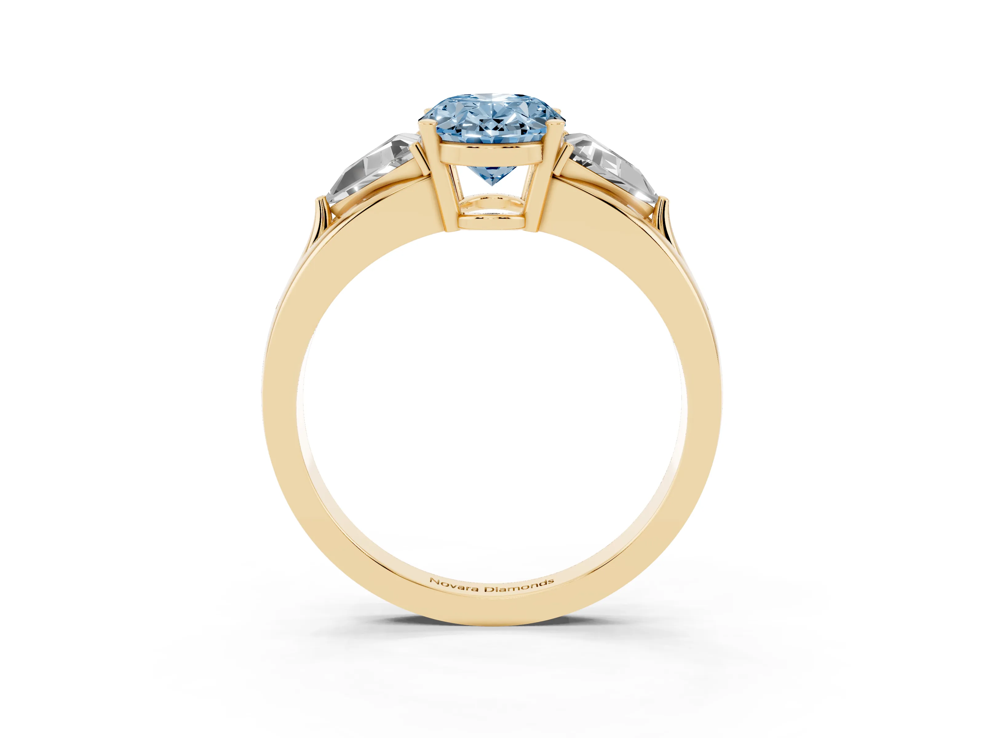 Fancy Blue Oval Cut Diamond Three-Stone Ring Set in Yellow gold with Trillion Side Stones and Split Shank