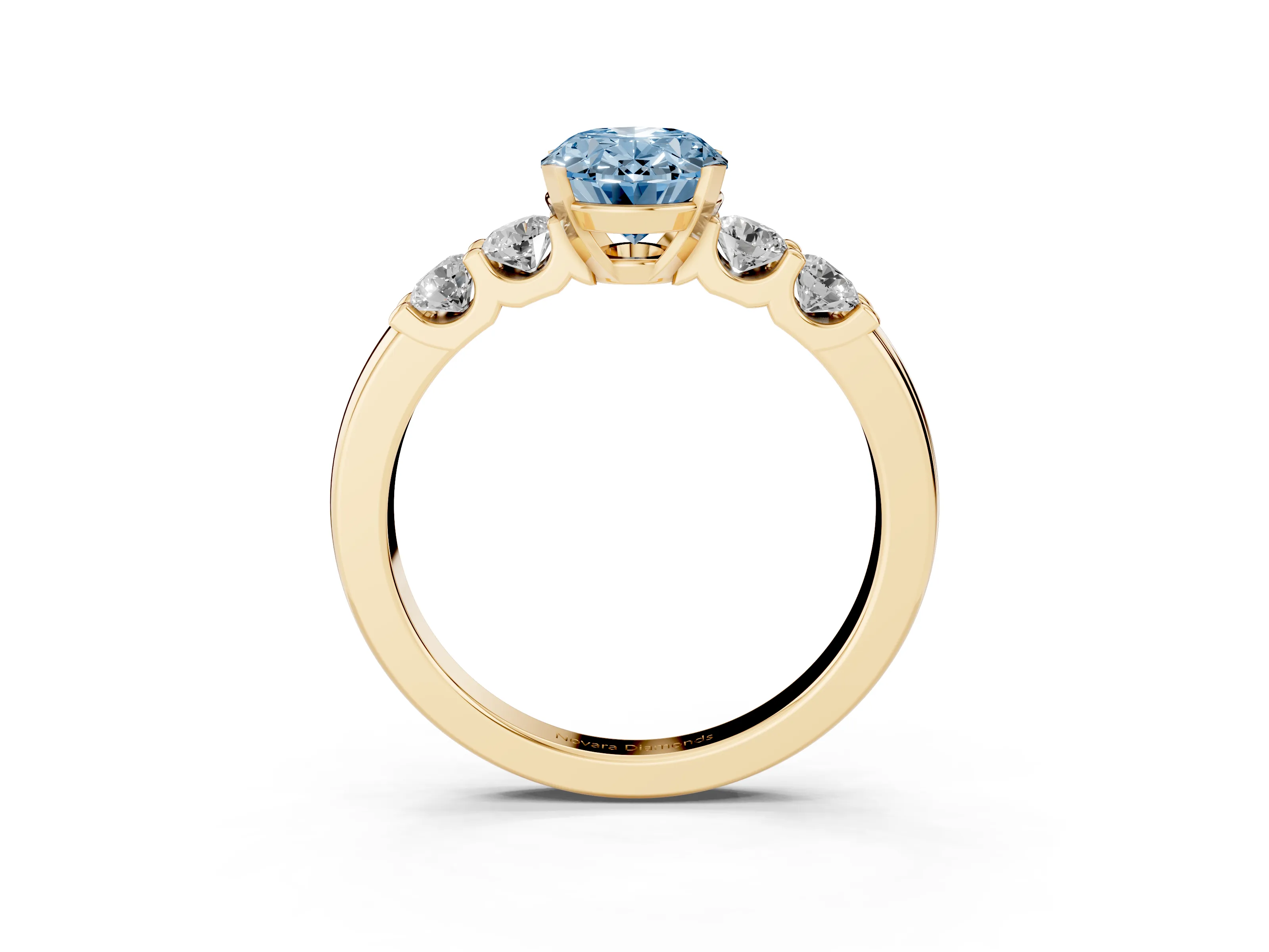 Fancy Blue Oval Cut Diamond Five-Stone Prong Set Engagement Ring Set in Yellow gold with Channel Band