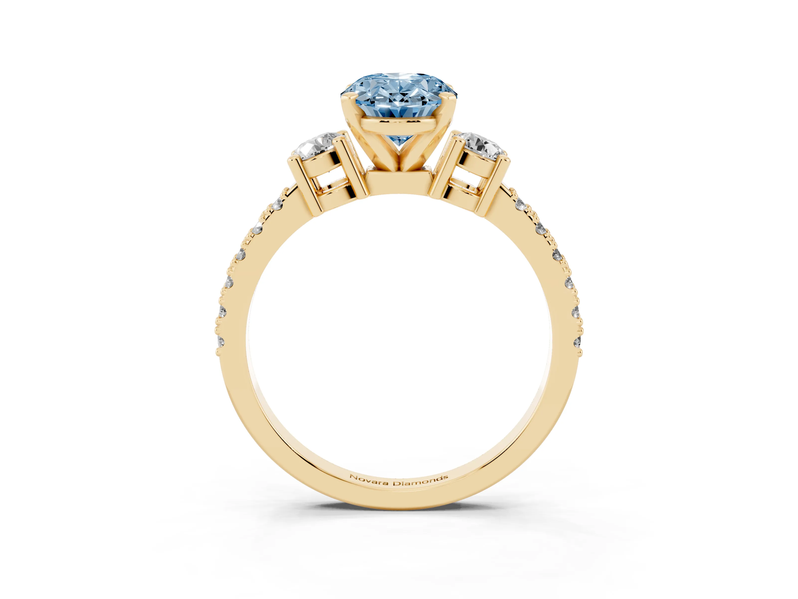Fancy Blue Three-Stone Oval Cut Diamond Pavé Band Ring Set in Yellow gold with Prong Setting