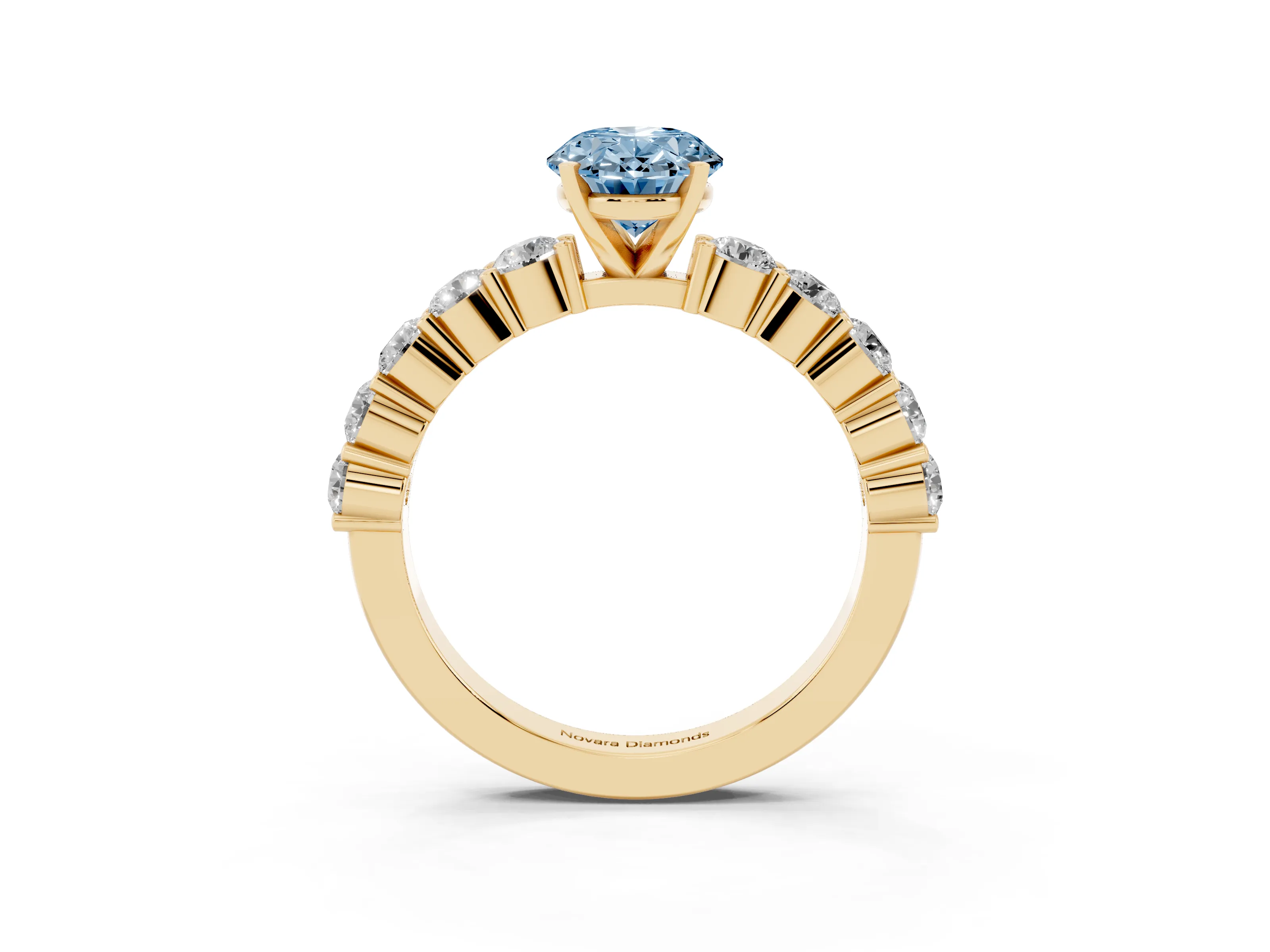 Fancy Blue Oval Cut Diamond Solitaire Ring Set in Yellow gold with Shared Prong Round Side Stones