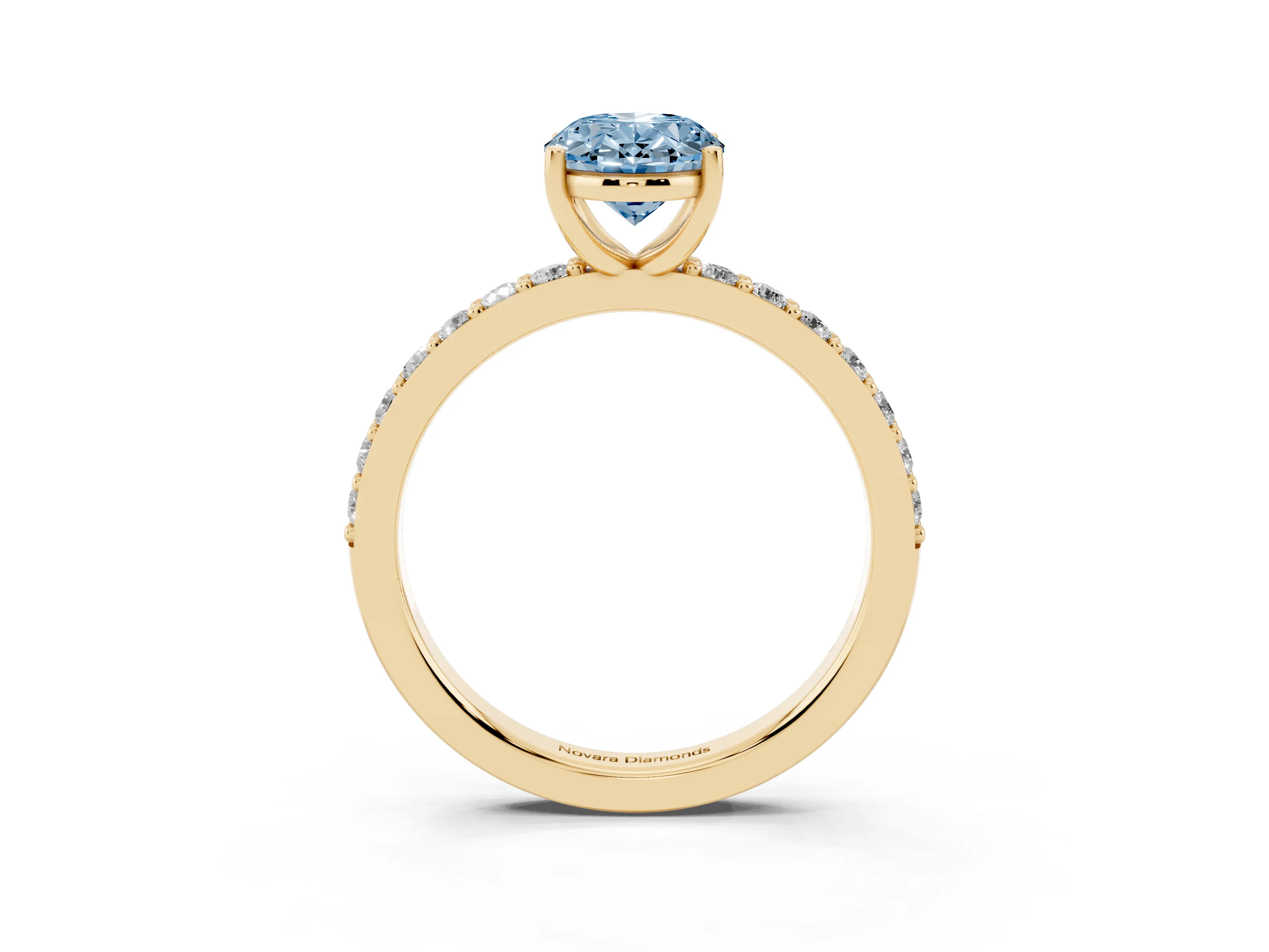 Fancy Blue Oval Cut Diamond Solitaire Set in Yellow gold with Round Pavé Band and Prong Setting