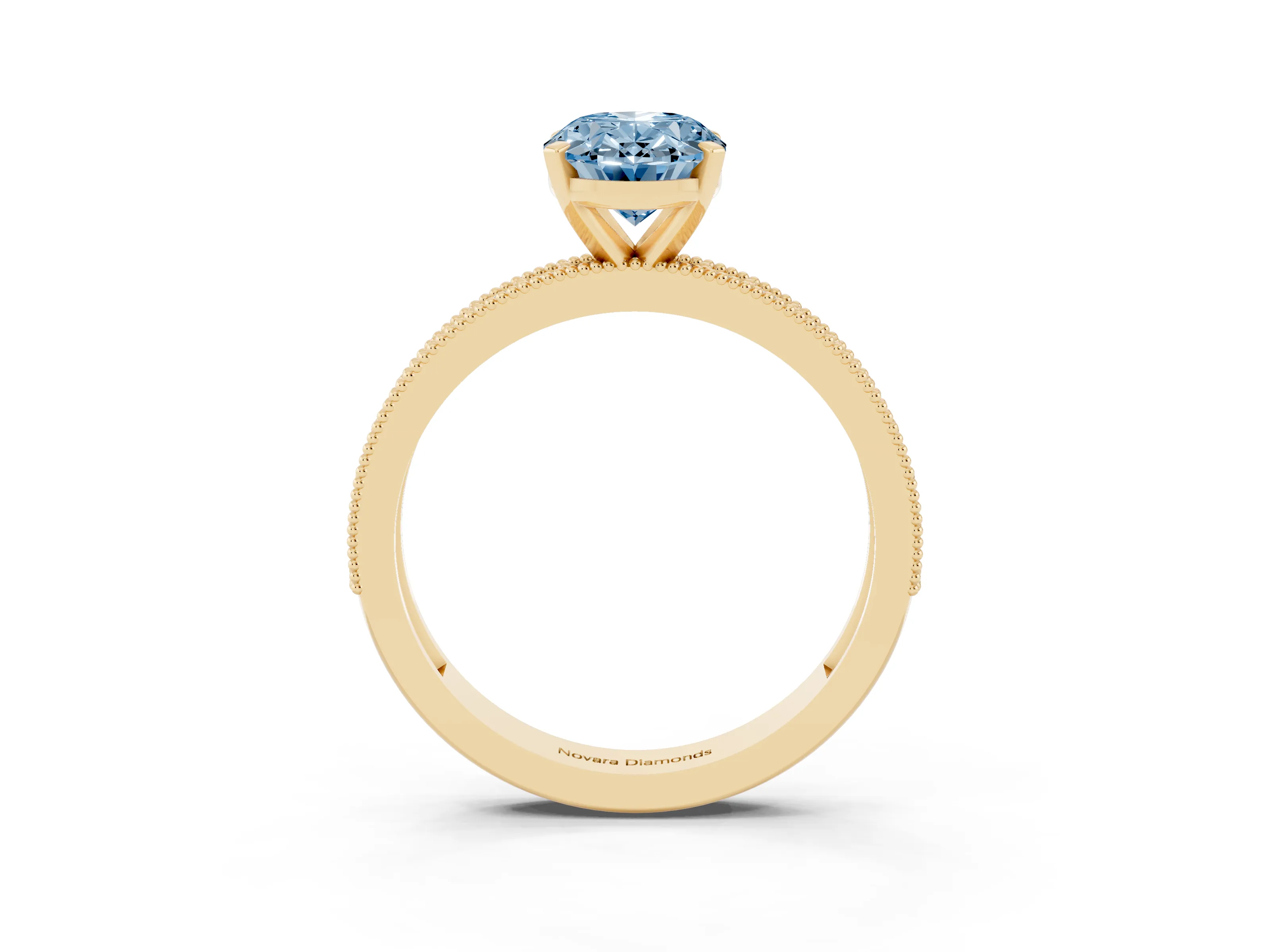 Fancy Blue Oval Cut Diamond Milgrain Pavé Engagement Ring Set in Yellow gold with Prong Setting