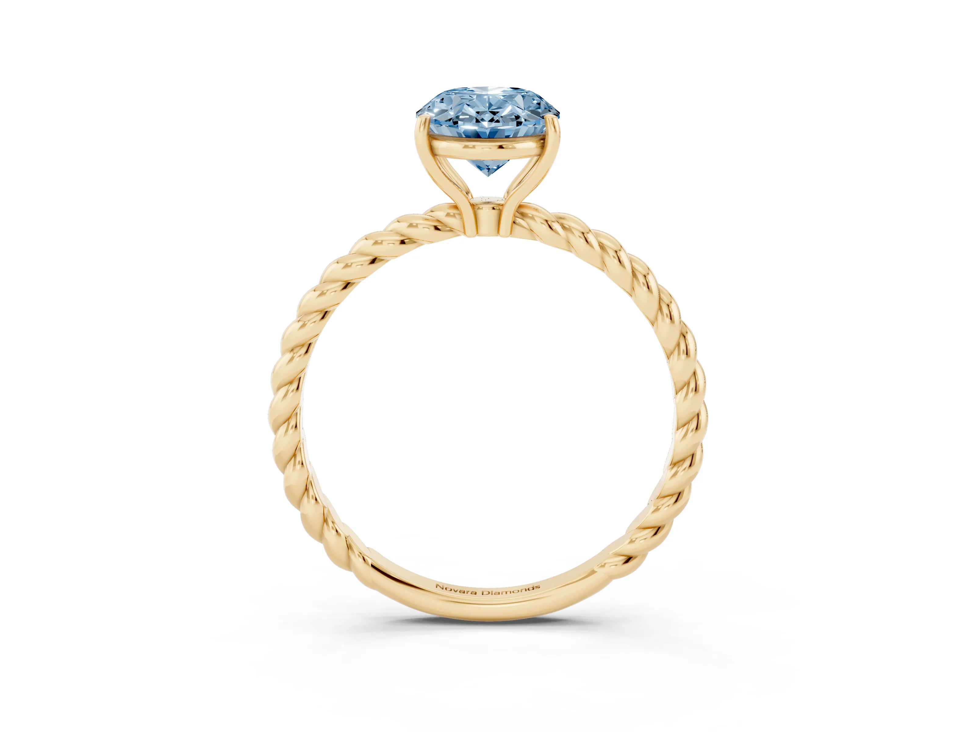 Fancy Blue Oval Cut Diamond Solitaire Ring Set in Yellow gold with Twist Band and Prong Setting