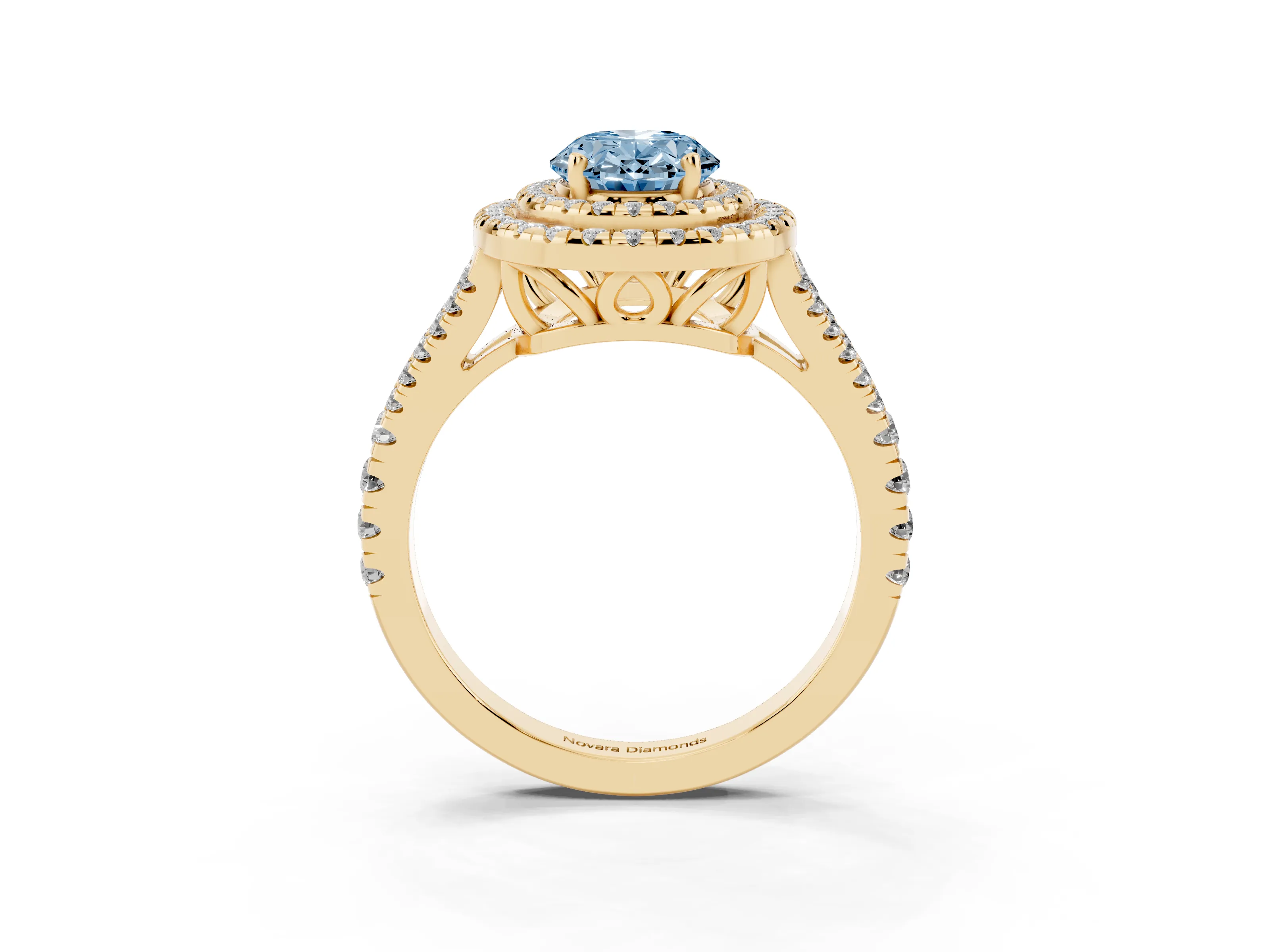 Fancy Blue Oval Cut Diamond Double Halo Ring Set in Yellow gold with Pavé Band