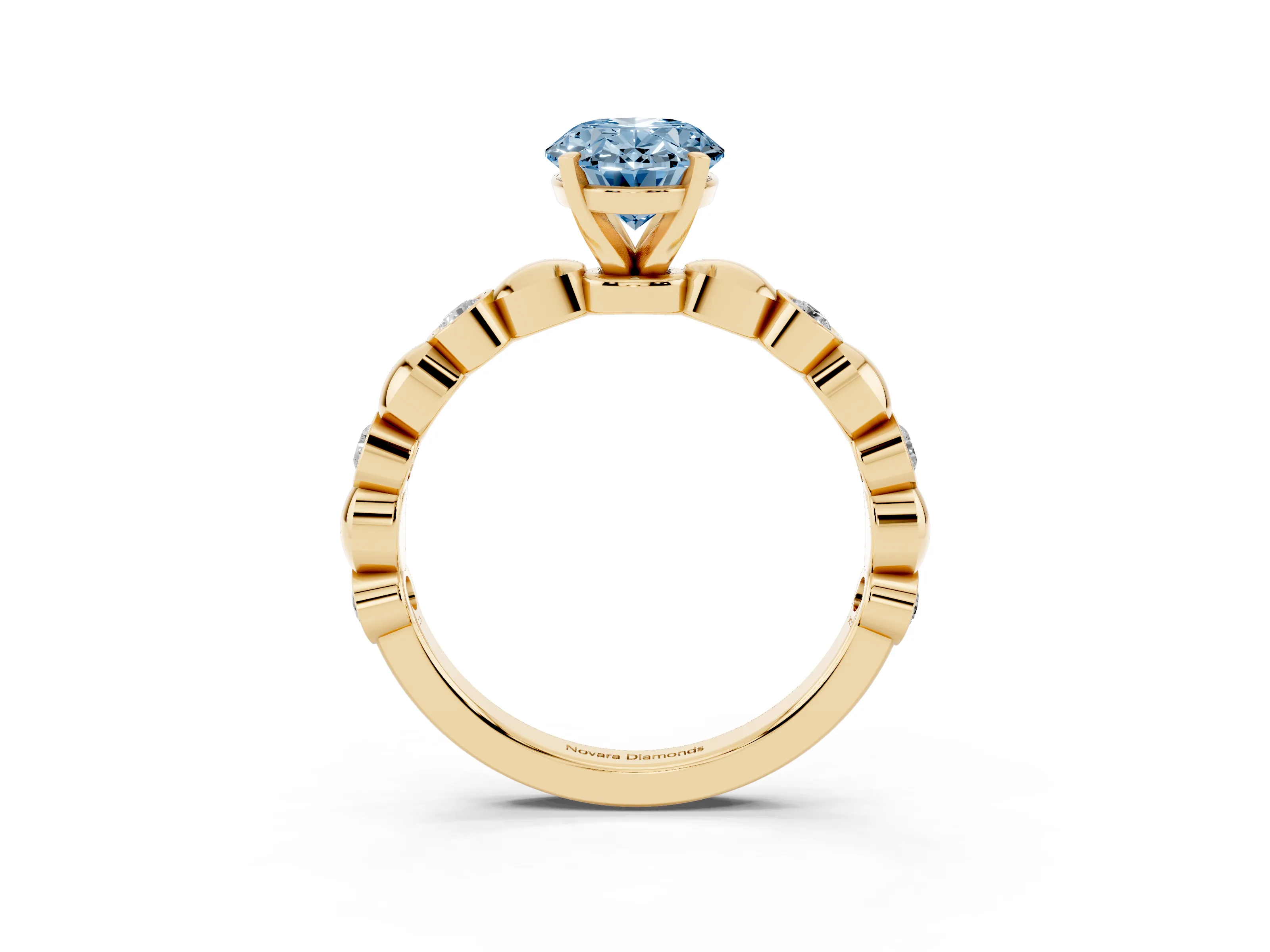 Fancy Blue Oval Cut Diamond Solitaire Ring Set in Yellow gold with Bezel-Set Accents on Beaded Band and Prong Setting