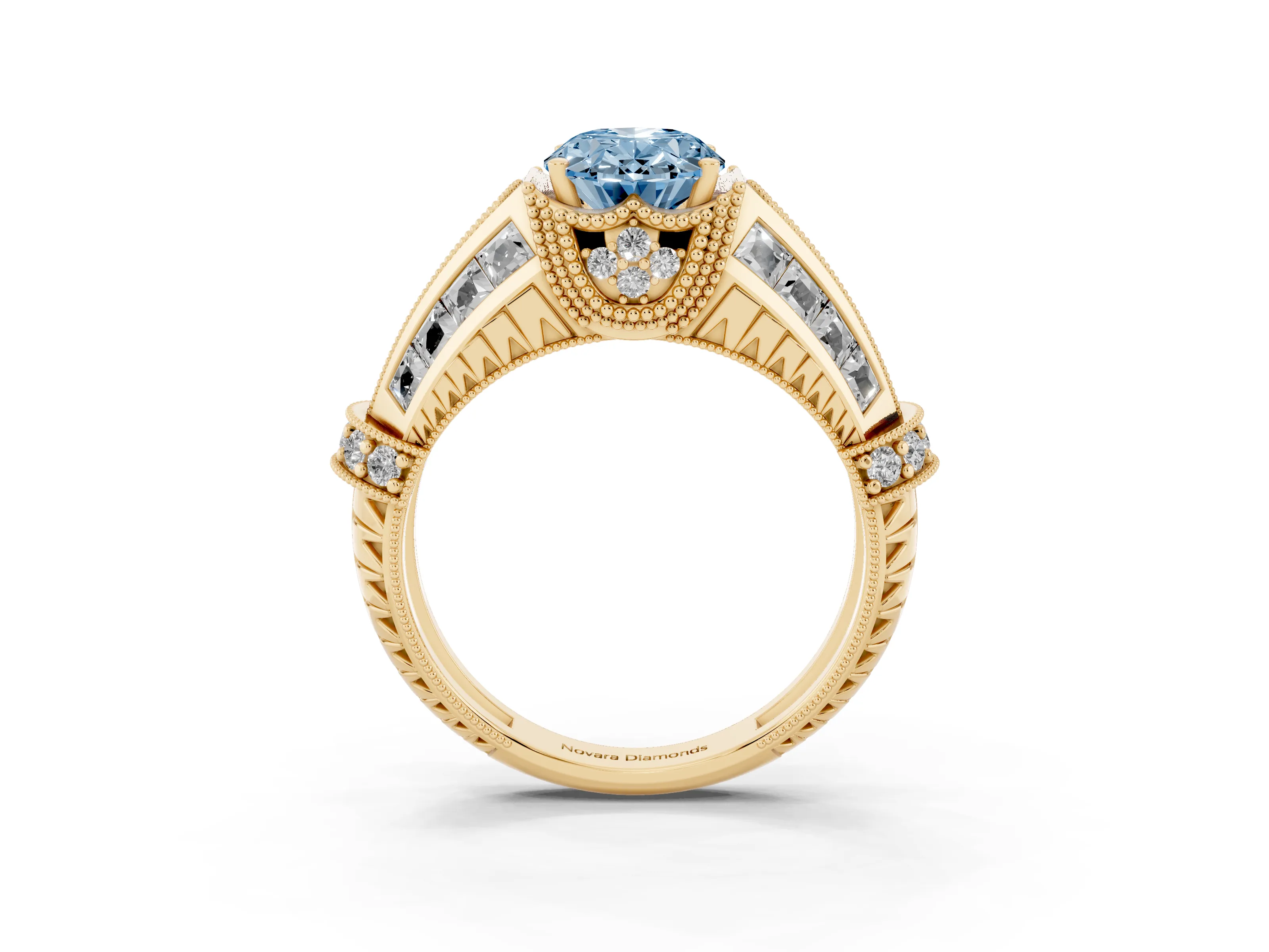 Fancy Blue Oval Cut Diamond Vintage-Inspired Milgrain Ring Set in Yellow gold with Accent Split Shank