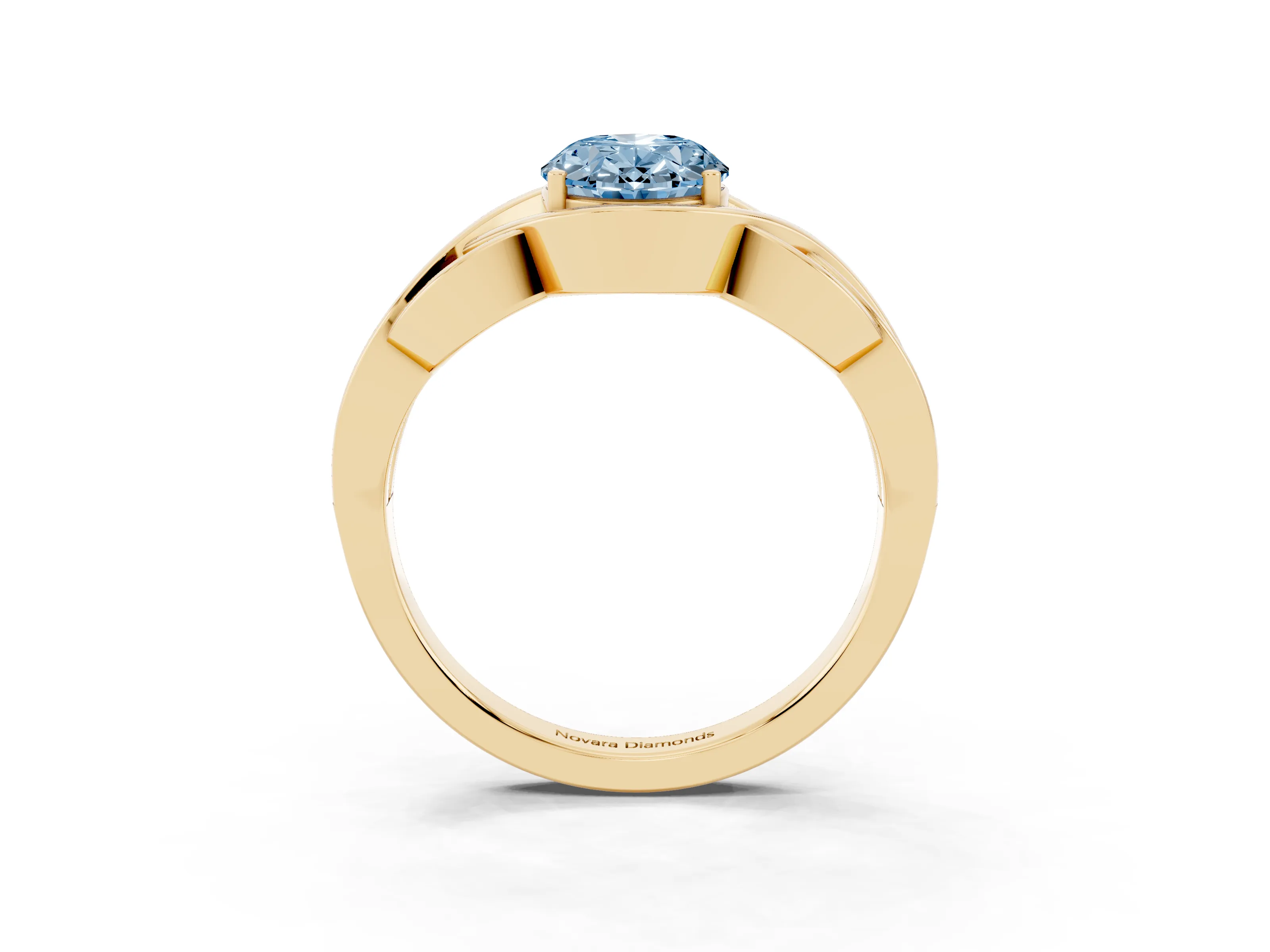 Fancy Blue Oval Cut Diamond Solitaire Ring Set in Yellow gold with Intertwined Band