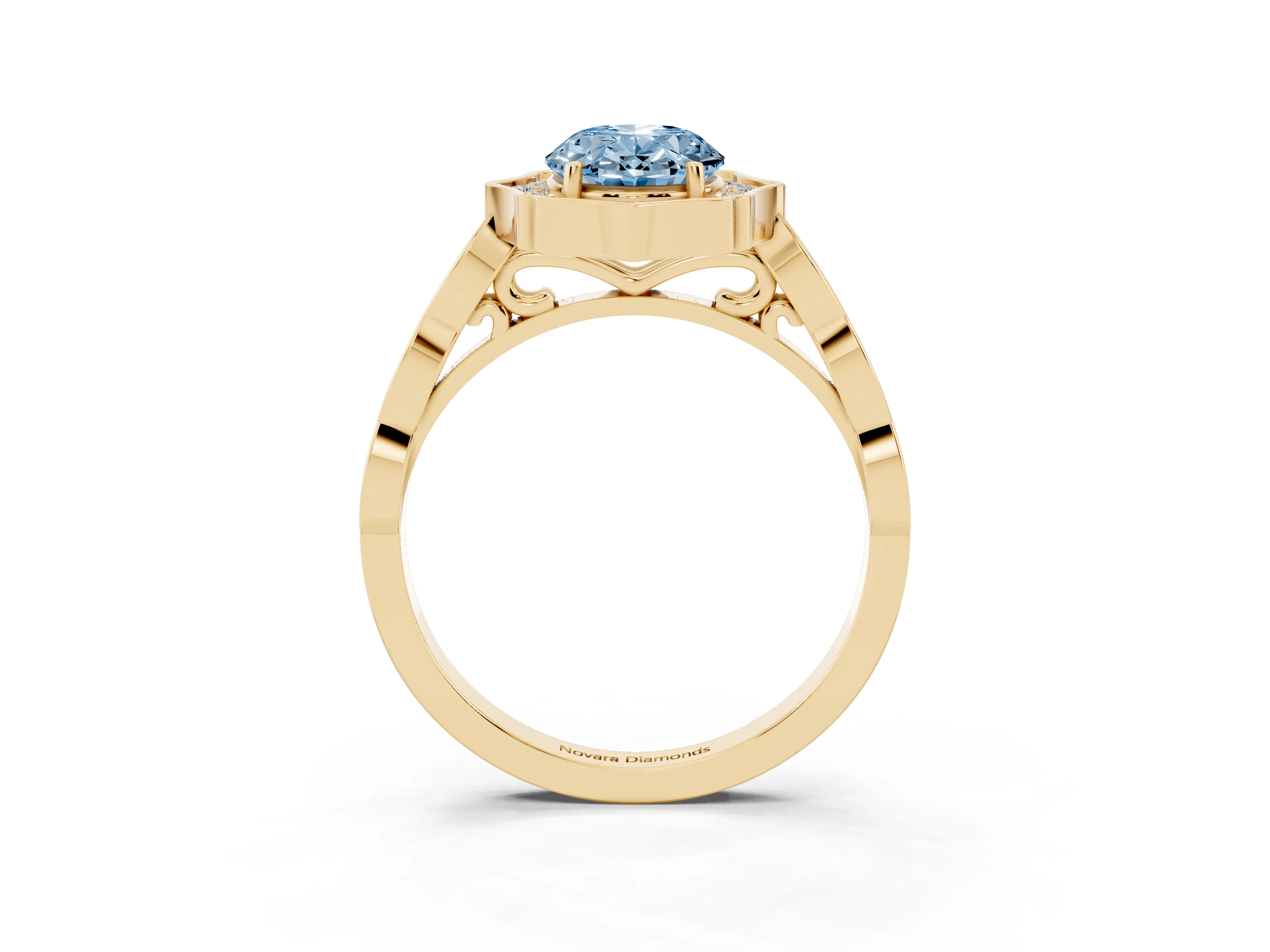 Fancy Blue Oval Cut Diamond Halo Engagement Ring Set in Yellow gold with Milgrain Band and Prong Setting
