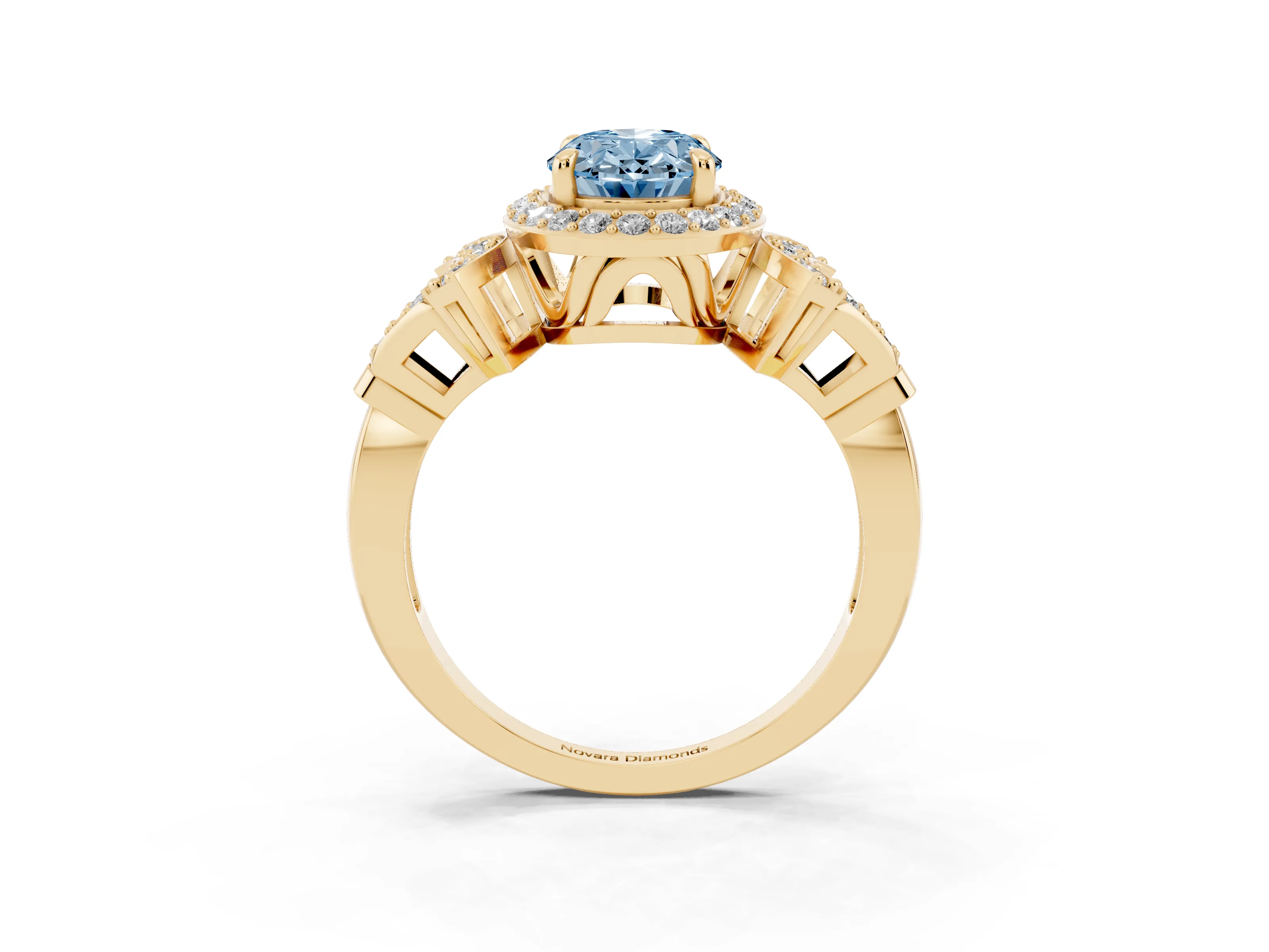 Fancy Blue Oval Cut Diamond Halo Engagement Ring Set in Yellow gold with Accent Stone Split Shank
