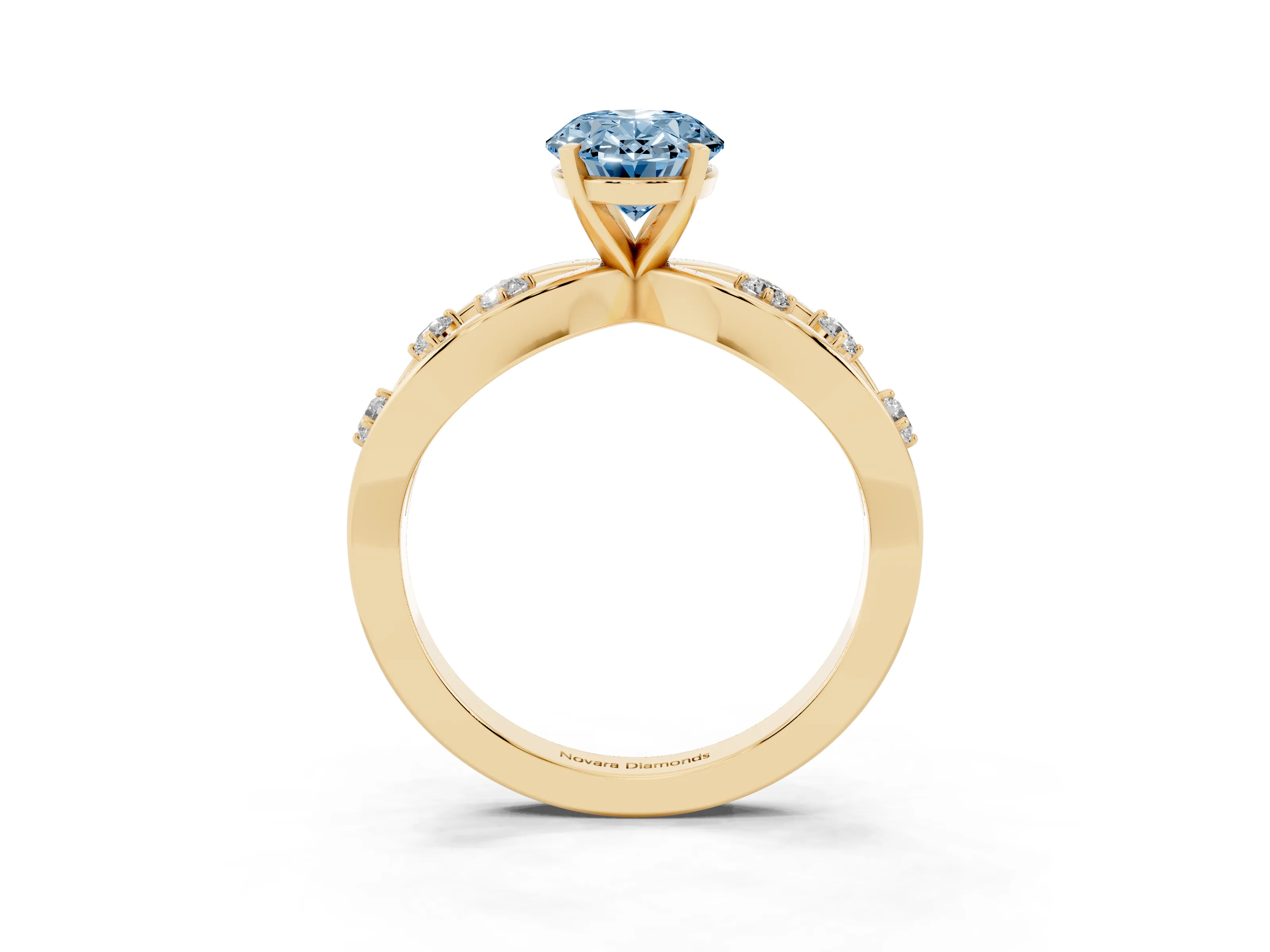 Fancy Blue Oval Cut Diamond Solitaire Ring Set in Yellow gold with Side Stones on Criss-Cross Band and Prong Setting