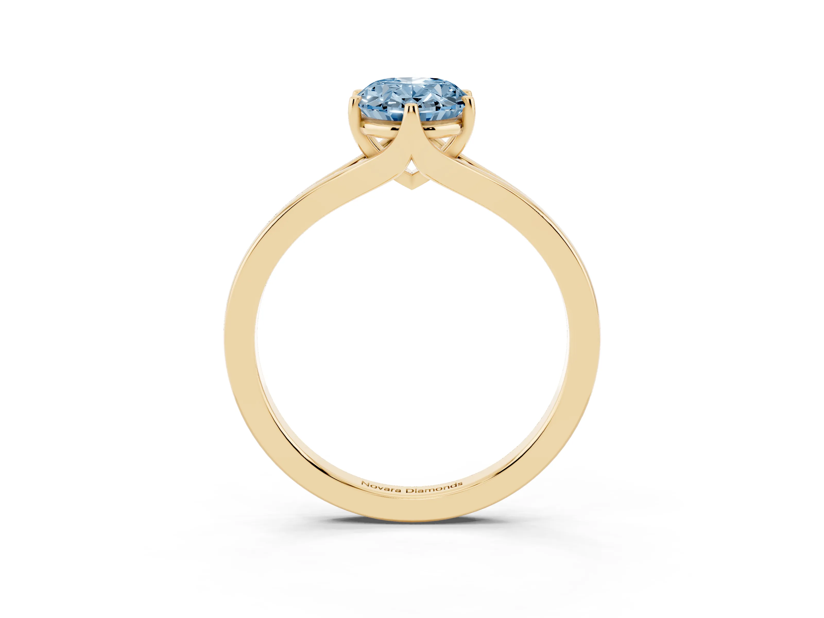 Fancy Blue Oval Cut Diamond Solitaire Ring Set in Yellow gold with Polished Tapered Band and Prong Setting