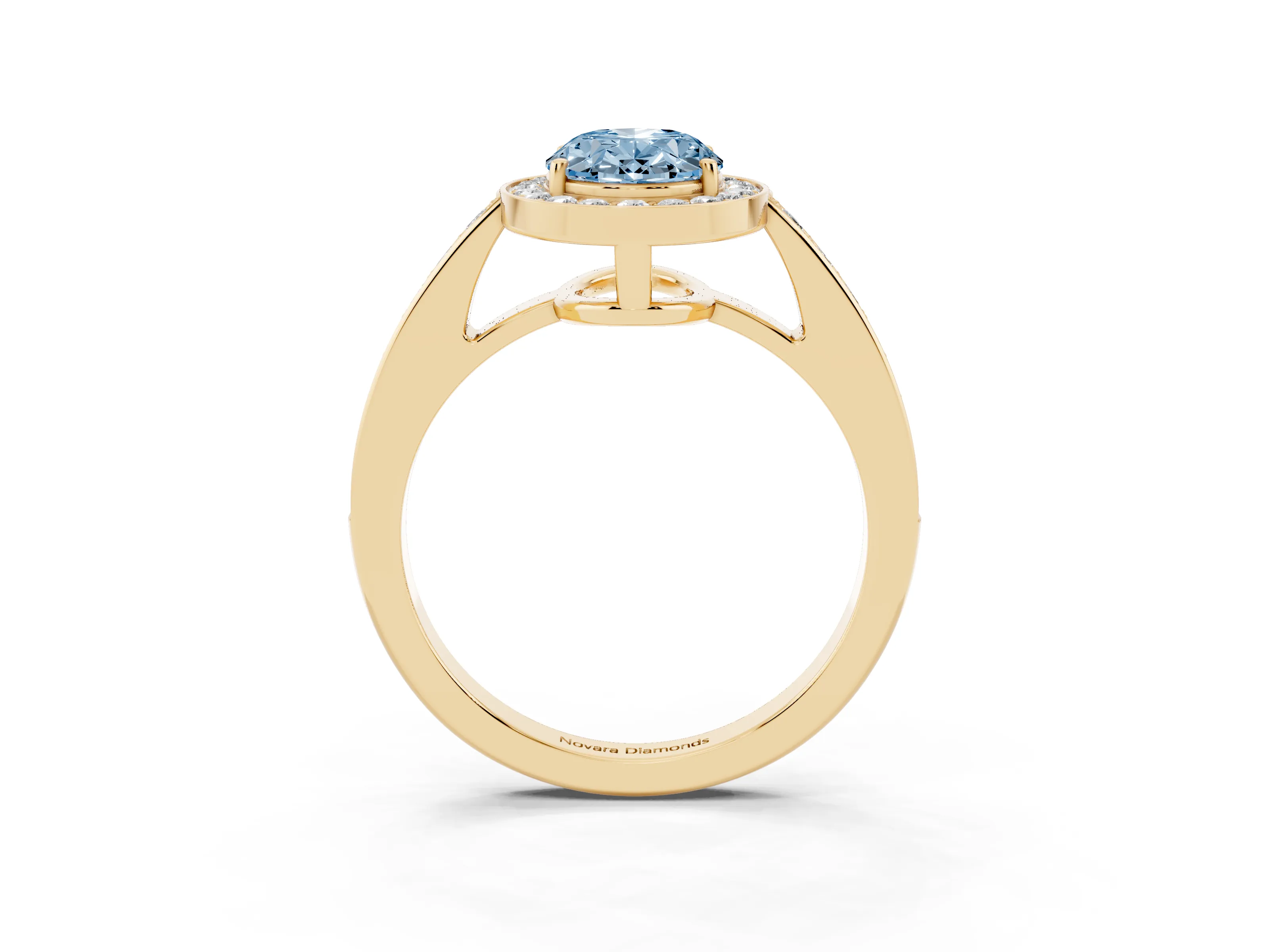 Fancy Blue Oval Cut Diamond Halo Pavé Engagement Ring Set in Yellow gold with Bezel Setting