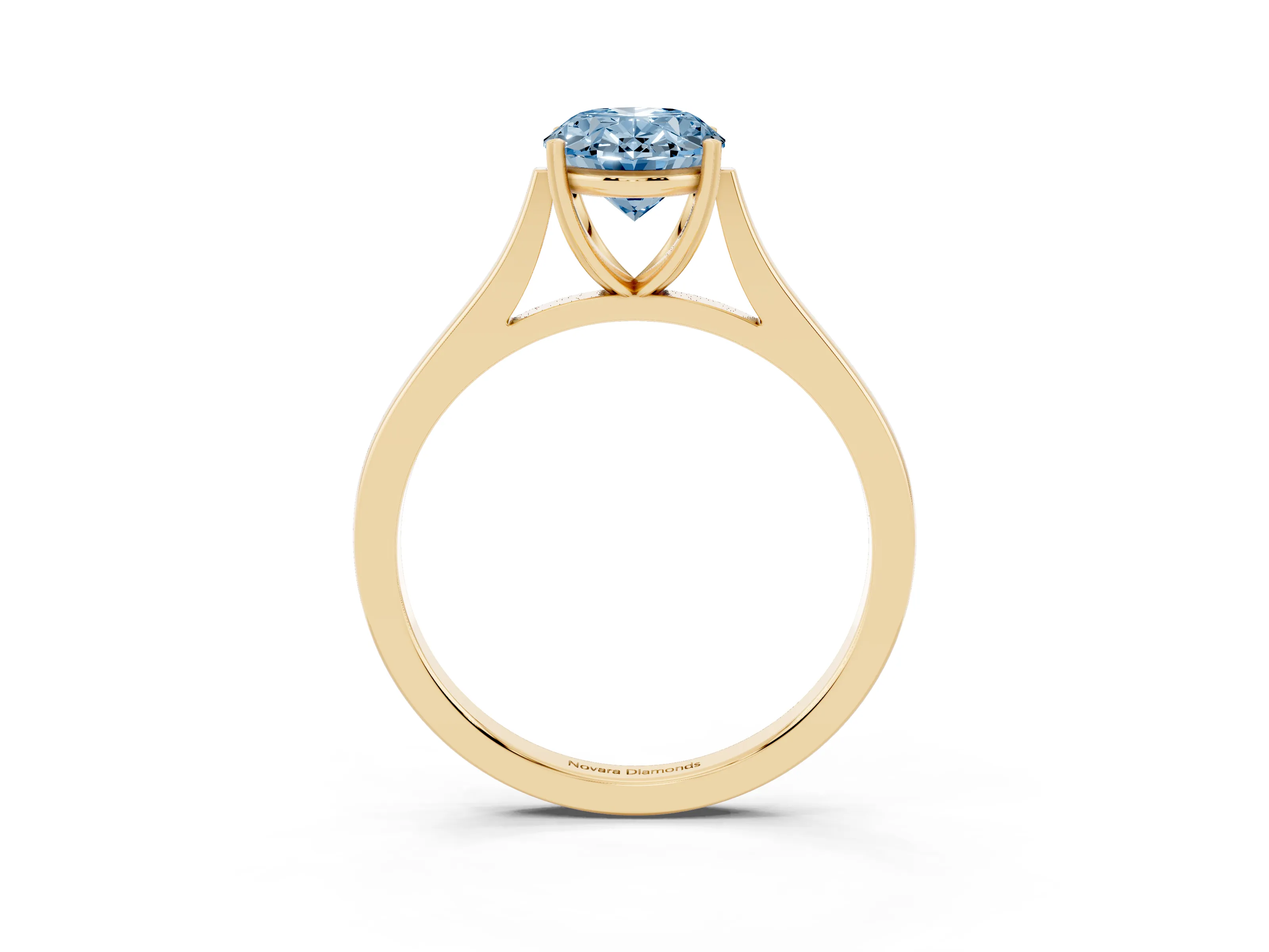 Fancy Blue Oval Cut Diamond Solitaire Heart Prong Engagement Ring Set in Yellow gold with Tapered Band