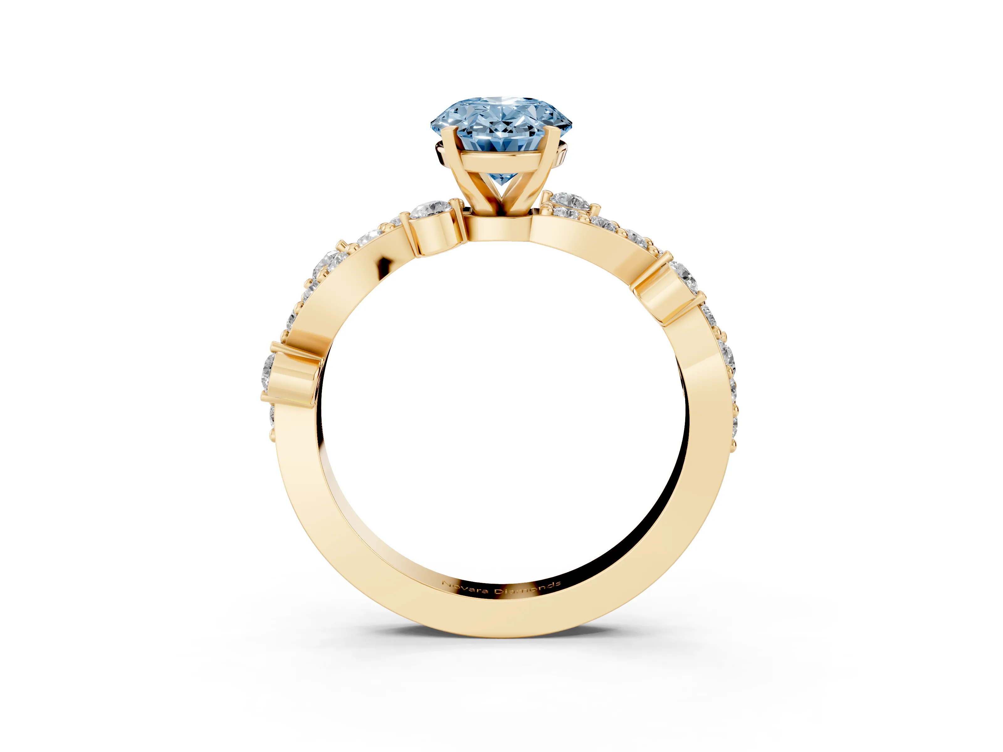 Fancy Blue Oval Cut Diamond Solitaire Twisted Band Set in Yellow gold with Pavé Setting