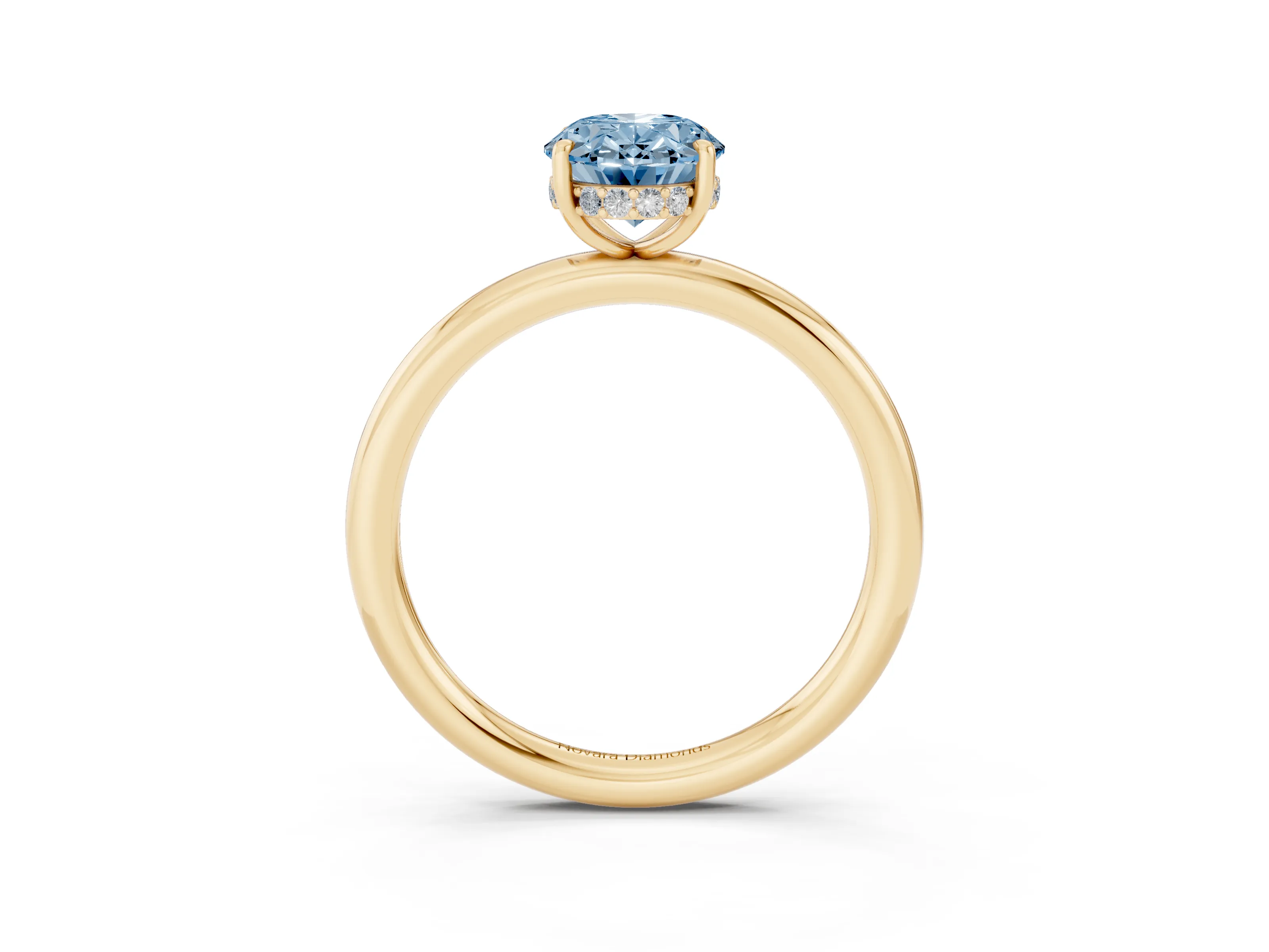 Fancy Blue Oval Cut Diamond Solitaire Ring Set in Yellow gold with Thin Band and Prong Setting