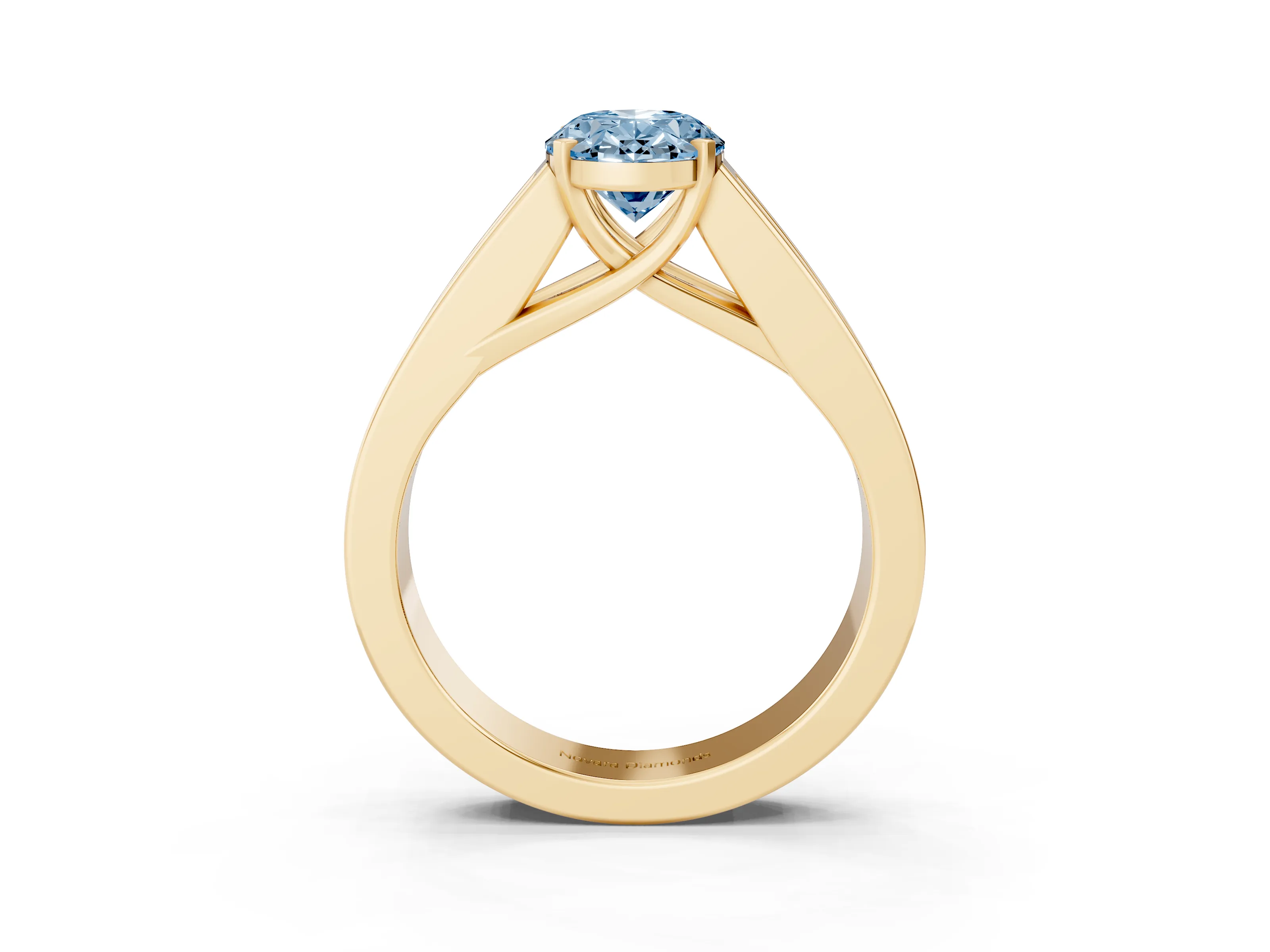 Fancy Blue Oval Cut Diamond Solitaire Ring Set in Yellow gold with Channel-Set Accent Stones and Prong Setting